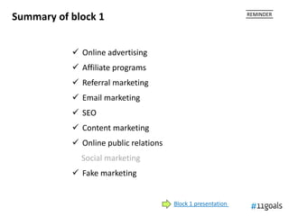 Summary of block 1                                            REMINDER




            Online advertising
            Affiliate programs
            Referral marketing
            Email marketing
            SEO
            Content marketing
            Online public relations
             Social marketing
            Fake marketing


                                       Block 1 presentation
 