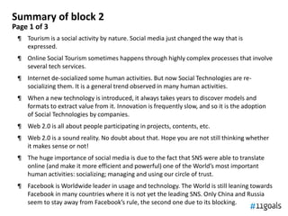 Summary of block 2
Page 1 of 3
 ¶ Tourism is a social activity by nature. Social media just changed the way that is
   exp...