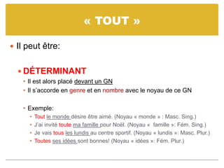 « TOUT »
 Il peut être:
 DÉTERMINANT
• Il est alors placé devant un GN
• Il s’accorde en genre et en nombre avec le noyau de ce GN
• Exemple:
• Tout le monde désire être aimé. (Noyau « monde » : Masc. Sing.)
• J’ai invité toute ma famille pour Noël. (Noyau « famille »: Fém. Sing.)
• Je vais tous les lundis au centre sportif. (Noyau « lundis »: Masc. Plur.)
• Toutes ses idées sont bonnes! (Noyau « idées »: Fém. Plur.)
 