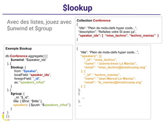 $lookup
Collection Conference
{
“title”: “Plein de mots-clefs hyper cools...”,
“description”: “Refaites votre SI avec ça”,
“speaker_ids”: [ “miss_techno”, “techno_maniac” ]
}
Exemple $lookup
db.Conference.aggregate( [ {
$unwind: “$speaker_ids”
}, {
$lookup: {
from: “Speaker”,
localField: “speaker_ids”,
foreignField: “_id”,
as: “speakers_infos”
}
}, {
$group: {
_id: “$_id”,
title: { $first: “$title” },
speakers: { $push: “$speakers_infos” }
}
}
] )
{
“title”: “Plein de mots-clefs hyper cools...”,
“speakers”: [{
“_id”: “miss_techno”,
“name”: “Jeanne-Irene La Maniac”,
“email”: “miss_techno@breizhcamp.org”
}, {
“_id”: “techno_maniac”,
“name”: “Jean-Marcel Le Maniac”,
“email”: “le_maniac@breizhcamp.org”
} ]
},
{
...
},
…
Avec des listes, jouez avec
$unwind et $group
 