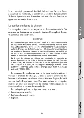 La ges­­ du risque de change
tion
Les entre­­
prises expor­­
tant ou impor­­
tant en devises doivent faire face
au risque de fluc­­ tion du cours des devises. L’exemple ci-­ essous
tua­­
d
en consti­­ une illus­­ tion.
tue
tra­­

Savoirs

Le ser­­ cré­­ pourra avoir inté­­ à s’y impli­­
vice dit
rêt
quer. En contri­­
buant
à accé­­ rer sa réso­­ tion, il contri­­
lé­­
lu­­
bue à accé­­ rer l’encaissement.
lé­­
Il donne éga­­ ment une dimen­­
le­­
sion commer­­
ciale à sa fonc­­
tion en
appor­­
tant un ser­­ à son client.
vice

Le cours des devises fluc­­ sou­­
tue
vent de façon sou­­
daine et impré­
­
vue sur le mar­­ des changes. Cer­­
ché
taines devises comme le dol­
­
lar sont extrê­­ ment vola­­
me­­
tiles et peuvent fluc­­
tuer de plus de 30 %
sur une durée de quelques mois. Pour cette rai­­
son, les entre­­
prises
mettent en place des cou­­ tures de change sys­­ ma­­
ver­­
té­­ tiques sur les
mon­­
tants éle­­ et sur des devises vola­­
vés
tiles.
Les trois prin­­ pales tech­­
ci­­
niques de cou­­ ture sont :
ver­­
✓✓ la cou­­ ture natu­­
ver­­
relle ;
✓✓ l’achat ou la vente à terme ;
✓✓ l’option.

101

Savoir-être

Un commer­­ ex­ ort de l’entreprise X reçoit le 1er mars une commande
cial p
de 500 000 € facturable en USD (dol­­
lars amé­­ cains), payable début
ri­­
mai. Le taux de marge prévu sur cette affaire est de 10 %. Le cours euro/
dol­­ le 1er mars est de 1,35 (un euro = 1,35 dol­­
lar
lar). Igno­­
rant les règles
de ges­­
tion du risque de change, le commer­­
cial engage sa société sur
un prix de : 675 000 dol­­
lars (500 000/1,35). Il oublie d’informer le tré­­ ­
so­
rier de la pré­­ sion d’encaissement en dol­­
vi­­
lars à début mai.
Le 2  mai, la créance en dol­­
lars est encais­­
sée et conver­­ en
tie
euros. Entre-­emps, le dol­­ a baissé au cours de 1,40 (un euro
t
lar
=  1,40  dol­­
lar). Le mon­­
tant converti en euros ne repré­­
sente plus que
482 143 euros (675 000/1,40) soit une perte de change de 17 857 euros
(500 000 – 482 143). Cette perte de change réduit de 36 % la marge
pré­­
vue (17 857/50 000).

Savoir-faire

Exemple

 