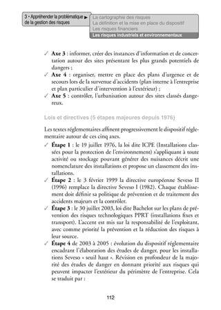 3 • Appré­­ der la pro­­ ma­­
hen­­
blé­­ tique
de la ges­­ des risques
tion

La car­­ gra­­
to­­ phie des risques
La défi­­ tion et la mise en place du dis­­ si­­
ni­­
po­­ tif
Les risques finan­­
ciers
Les risques indus­­
triels et envi­­ ne­­
ron­­ men­­
taux

✓✓ Axe 3 : infor­­
mer, créer des ins­­
tances d’information et de concer­
­
ta­­
tion autour des sites pré­­ tant les plus grands poten­­
sen­­
tiels de
dan­­
gers ;
✓✓ Axe  4  : orga­­ ser, mettre en place des plans d’urgence et de
ni­­
secours lors de la sur­­ nue d’accidents (plan interne à l’entreprise
ve­­
et plan par­­ cu­­ d’intervention à l’extérieur) ;
ti­­ lier
✓✓ Axe 5 : contrô­­ l’urbanisation autour des sites clas­­ dan­­ ­
ler,
sés
ge­
reux.
Lois et direc­­
tives (5 étapes majeures depuis 1976)

Les textes régle­­ taires affinent pro­­ si­­ ment le dis­­ si­­ régle­
men­­
gres­­ ve­­
po­­ tif
­
men­­
taire autour de ces cinq axes.
✓✓ Étape 1 : le 19 juillet 1976, la loi dite ICPE (Ins­­ la­­
tal­­ tions clas­
­
sées pour la pro­­ tion de l’environnement) s’appliquant à toute
tec­­
acti­­
vité ou sto­­
ckage pou­­
vant géné­­ des nui­­
rer
sances décrit une
nomen­­ ture des ins­­ la­­
cla­­
tal­­ tions et pro­­
pose un clas­­ ment des ins­
se­­
­
tal­­ tions.
la­­
✓✓ Étape  2  : le 3 février 1999 la direc­­
tive euro­­
péenne Seveso  II
(1996) rem­­
place la direc­­ Seveso I (1982). Chaque éta­­ se­
tive
blis­­ ­
ment doit défi­­ sa poli­­
nir
tique de pré­­ tion et de trai­­ ment des
ven­­
te­­
acci­­
dents majeurs et la contrô­­
ler.
✓✓ Étape 3 : le 30 juillet 2003, loi dite Bachelot sur les plans de pré­
­
ven­­
tion des risques tech­­ lo­­
no­­ giques PPRT (ins­­ la­­
tal­­ tions fixes et
trans­­
port). L’accent est mis sur la res­­ sa­­ lité de l’exploitant,
pon­­ bi­­
avec comme prio­­ la pré­­ tion et la réduc­­
rité
ven­­
tion des risques à
leur source.
✓✓ Étape 4 de 2003 à 2005 : évo­­ tion du dis­­ si­­ régle­­ taire
lu­­
po­­ tif
men­­
enca­­
drant l’élaboration des études de dan­­ pour les ins­­ la­
ger,
tal­­ ­
tions Seveso « seuil haut ». Révi­­
sion en pro­­ deur de la majo­
fon­­
­
rité des études de dan­­ en don­­
ger
nant prio­­ aux risques qui
rité
peuvent impac­­ l’extérieur du péri­­
ter
mètre de l’entreprise. Cela
se tra­­
duit par :
112

 