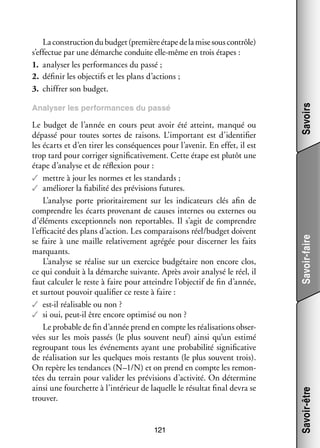 121

Savoir-faire

Le bud­­ de l’année en cours peut avoir été atteint, man­­
get
qué ou
dépassé pour toutes sortes de rai­­
sons. L’important est d’identifier
les écarts et d’en tirer les consé­­
quences pour l’avenir. En effet, il est
trop tard pour cor­­ ger signi­­ ca­­ ve­­
ri­­
fi­­ ti­­ ment. Cette étape est plu­­ une
tôt
étape d’analyse et de réflexion pour :
✓✓ mettre à jour les normes et les stan­­
dards ;
✓✓ amé­­ rer la fia­­ lité des pré­­ sions futures.
lio­­
bi­­
vi­­
L’analyse porte prio­­ tai­­ ment sur les indi­­ teurs clés afin de
ri­­ re­­
ca­­
comprendre les écarts pro­­ nant de causes internes ou externes ou
ve­­
d’éléments excep­­ nels non re­ ortables. Il s’agit de comprendre
tion­­
p
l’efficacité des plans d’action. Les compa­­ sons réel/bud­­ doivent
rai­­
get
se faire à une maille rela­­ ve­­
ti­­ ment agré­­ pour dis­­ ner les faits
gée
cer­­
mar­­
quants.
L’analyse se réa­­ sur un exer­­
lise
cice bud­­ taire non encore clos,
gé­­
ce qui conduit à la démarche sui­­
vante. Après avoir ana­­ le réel, il
lysé
faut cal­­ ler le reste à faire pour atteindre l’objectif de fin d’année,
cu­­
et sur­­
tout pou­­ qua­­ fier ce reste à faire :
voir
li­­
✓✓ est-­l réa­­ sable ou non ?
i
li­­
✓✓ si oui, peut-­l être encore opti­­
i
misé ou non ?
Le pro­­
bable de fin d’année prend en compte les réa­­ sa­­
li­­ tions obser­
­
vées sur les mois pas­­ (le plus sou­­
sés
vent neuf) ainsi qu’un estimé
regrou­­
pant tous les évé­­ ments ayant une pro­­ bi­­ signi­­ ca­­
ne­­
ba­­ lité
fi­­ tive
de réa­­ sa­­
li­­ tion sur les quelques mois res­­
tants (le plus sou­­
vent trois).
On repère les ten­­
dances (N–1/N) et on prend en compte les remon­
­
tées du ter­­
rain pour vali­­ les pré­­ sions d’activité. On déter­­
der
vi­­
mine
ainsi une four­­
chette à l’intérieur de laquelle le résul­­ final devra se
tat
trou­­
ver.

Savoir-être

Ana­­ ser les per­­ mances du passé
ly­­
for­­

Savoirs

La construc­­ du bud­­ (pre­­
tion
get
mière étape de la mise sous contrôle)
s’effectue par une démarche conduite elle-­ ême en trois étapes :
m
1.	 ana­­ ser les per­­ mances du passé ;
ly­­
for­­
2.	 défi­­ les objec­­ et les plans d’actions ;
nir
tifs
3.	 chif­­ son bud­­
frer
get.

 