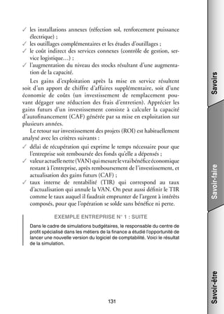 Savoirs

Les gains d’exploitation après la mise en ser­­
vice résultent
soit d’un apport de chiffre d’affaires sup­­ men­­
plé­­ taire, soit d’une
éco­­ mie de coûts (un inves­­ se­­
no­­
tis­­ ment de rem­­ ce­­
pla­­ ment pou­
­
vant déga­­ une réduc­­
ger
tion des frais d’entretien). Appré­­
cier les
gains futurs d’un inves­­ se­­
tis­­ ment consiste à cal­­ ler la capa­­
cu­­
cité
d’autofinancement (CAF) géné­­ par sa mise en exploi­­ tion sur
rée
ta­­
plu­­
sieurs années.
Le retour sur inves­­ se­­
tis­­ ment des pro­­ (ROI) est habi­­ le­­
jets
tuel­­ ment
ana­­ avec les cri­­
lysé
tères sui­­
vants :
✓✓ délai de récu­­ ra­­
pé­­ tion qui exprime le temps néces­­
saire pour que
l’entreprise soit rem­­
bour­­ des fonds qu’elle a dépen­­
sée
sés ;
✓✓ valeur actuelle nette (VAN) qui mesure le vrai béné­­ éco­­ mique
fice no­­
res­­
tant à l’entreprise, après rem­­
bour­­ ment de l’investissement, et
se­­
actua­­ sa­­
li­­ tion des gains futurs (CAF) ;
✓✓ taux interne de ren­­ bi­­
res­­
ta­­ lité (TIR) qui cor­­ pond au taux
d’actualisation qui annule la VAN. On peut aussi défi­­ le TIR
nir
comme le taux auquel il fau­­
drait emprun­­ de l’argent à inté­­
ter
rêts
compo­­ pour que l’opération se solde sans béné­­ ni perte.
sés,
fice

Savoir-faire

✓✓ les ins­­ la­­
tal­­ tions annexes (réfec­­
tion sol, ren­­ ce­­
for­­ ment puis­­
sance
élec­­
trique) ;
✓✓ les outillages complé­­ taires et les études d’outillages ;
men­­
✓✓ le coût indi­­
rect des ser­­
vices connexes (contrôle de ges­­
tion, ser­
­
vice logistique…) ;
✓✓ l’augmentation du niveau des sto­­ résul­­
cks
tant d’une aug­­ ta­
men­­ ­
tion de la capa­­
cité.

Exemple entre­­prise n° 1 : suite

131

Savoir-être

Dans le cadre de simu­­ tions bud­­ taires, le res­­ sable du centre de
la­­
gé­­
pon­­
pro­­ spé­­ lisé dans les métiers de la finance a étu­­ l’opportunité de
fit
cia­­
dié
lan­­ une nou­­
cer
velle ver­­
sion du logi­­
ciel de comp­­ bi­­
ta­­ lité. Voici le résul­­
tat
de la simu­­ tion.
la­­

 