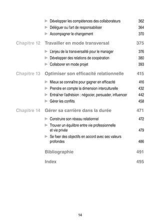 CC Déve­­ per les compé­­
lop­­
tences des col­­ bo­­ teurs
la­­ ra­­

362

guer ou l’art de res­­ sa­­ li­­
pon­­ bi­­ ser
CC Délé­­

364

pa­­
ge­­
CC Accom­­ gner le chan­­ ment

370

Chapitre 12	 Tra­­
vailler en mode trans­­ sal
ver­­

375

CC L’enjeu de la transversalité pour le mana­­
ger

376

lop­­
tions de coopé­­ tion
ra­­
CC Déve­­ per des rela­­

380

la­­ rer
jet
CC Col­­ bo­­ en mode pro­­

393

Chapitre 13	 Opti­­ ser son effi­­ cité rela­­
mi­­
ca­­
tion­­
nelle

415

CC Mieux se connaître pour gagner en effi­­ cité
ca­­

416

sion
CC Prendre en compte la dimen­­ inter­ ultu­­
c relle

432

ner
cier, sua­­
CC Entraî­­ l’adhésion : négo­­ per­­ der, influ­­ cer
en­­

442

CC Gérer les conflits

458

Chapitre 14	 Gérer sa car­­
rière dans la durée

471

CC Construire son réseau rela­­ nel
tion­­

472

ver
libre entre vie pro­­ sion­­
fes­­ nelle
CC Trou­­ un équi­­
et vie pri­­
vée

479

tifs
CC Se fixer des objec­­ en accord avec ses valeurs
pro­­
fondes

486

Biblio­­ phie
gra­­

491

Index

495

14

 