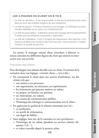 Les 4 figures du client en B to B
✓✓Le rôle du déci­­
deur : il est res­­ sable in fine de la per­­ nence du choix
pon­­
ti­­
dans le sens des inté­­
rêts majeurs de son entre­­
prise.

✓✓Le rôle du pres­­ teur : il défi­­ le cahier des charges de l’investissement,
crip­­
nit
il valide que les solu­­
tions pro­­ sées y répondent.
po­­
✓✓Le rôle de l’utilisateur : il est à l’origine de l’expression des besoins, il uti­
­
li­­
sera ou pro­­ tera de l’achat et des ser­­
fi­­
vices qui y sont asso­­
ciés, il expé­­ ­
ri­
men­­
tera la qua­­ de ser­­
lité
vice.

Savoirs

✓✓Le rôle du payeur : il finance l’achat sur son bud­­
get, il s’intéresse aux éco­
­
no­­
mies réa­­ sées et au retour sur inves­­ se­­
li­­
tis­­ ment.

Là encore, le mana­­ orienté client s’attachera à détecter et
ger
mieux connaître les dif­­ rentes figures du client qui entrent en inter­
fé­­
­
ac­­
tion avec son acti­­
vité.

179

Savoir-être

Pour déve­­ per une rela­­
lop­­
tion durable avec un client, il convient de le
connaître dans une logique « orien­­ client », c’est-à-dire :
tée
✓✓ En connais­­
sant le client dans son uni­­
vers d’utilisateur, sur des
cri­­
tères tels que :
−− son métier et ses pro­­ sus,
ces­­
−− son orga­­ sa­­
ni­­ tion, ses struc­­
tures, ses repré­­ tants,
sen­­
−− les évé­­ ments qui peuvent moti­­ ses achats,
ne­­
ver
−− ses pro­­
jets, ses besoins, ses prio­­ tés,
ri­­
−− ses moti­­
vations, ses valeurs,
−− ses canaux de commu­­ ca­­
ni­­ tion pré­­
férés,
−− l’historique des échanges et commu­­ ca­­
ni­­ tions avec le client…
✓✓ En appré­­
ciant la qua­­ de la rela­­
lité
tion entre­­ nue avec lui :
te­­
−− sa satis­­
faction,
−− ses motifs de récla­­ tion,
ma­­
−− son degré de fidélité…
✓✓ Sans négli­­ bien sûr, de le connaître en tant qu’acheteur :
ger,
−− l’historique de ses achats (pro­­
duits ou ser­­
vices ache­­ fré­
tés, ­
quence, CA…),
−− sa valeur cumu­­ depuis le pre­­
lée
mier achat,

Savoir-faire

Connaître ses clients

 