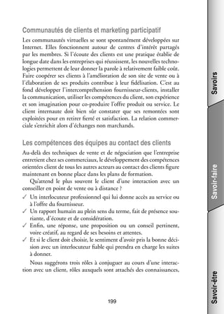 Les commu­­ tés vir­­
nau­­
tuelles se sont spon­­ né­­
ta­­ ment déve­­ pées sur
lop­­
Inter­­
net. Elles fonc­­
tionnent autour de centres d’intérêt par­­ gés
ta­­
par les membres. Si l’écoute des clients est une pra­­
tique éta­­ de
blie
longue date dans les entre­­
prises qui réus­­
sissent, les nou­­
velles tech­­ ­
no­
lo­­ per­­
gies mettent de leur don­­ la parole à rela­­ ve­­
ner
ti­­ ment faible coût.
Faire coopé­­ ses clients à l’amélioration de son site de vente ou à
rer
l’élaboration de ses pro­­
duits contri­­ à leur fidélisation. C’est au
bue
fond déve­­ per l’intercompréhension fournisseur-­ lients, ins­­ ler
lop­­
c
tal­­
la commu­­ ca­­
ni­­ tion, uti­­ ser les compé­­
li­­
tences du client, son expé­­
rience
et son ima­­ na­­
gi­­ tion pour co-­ roduire l’offre pro­­
p
duit ou ser­­
vice. Le
client internaute doit bien sûr consta­­ que ses remon­­
ter
tées sont
exploi­­ pour en retirer fierté et satis­­
tées
faction. La rela­­
tion commer­
­
ciale s’enrichit alors d’échanges non mar­­
chands.

Savoirs

Commu­­ tés de clients et mar­­ ting par­­ cipatif
nau­­
ke­­
ti­­

199

Savoir-être

Au-­ elà des tech­­
d
niques de vente et de négo­­ tion que l’entreprise
cia­­
entre­­
tient chez ses commer­­
ciaux, le déve­­ pe­­
lop­­ ment des compé­­
tences
orien­­ client de tous les autres acteurs au contact des clients figure
tées
main­­ nant en bonne place dans les plans de for­­ tion.
te­­
ma­­
Qu’attend le plus sou­­
vent le client d’une inter­­ tion avec un
ac­­
conseiller en point de vente ou à dis­­
tance ?
✓✓ Un inter­­ cuteur pro­­ sion­­ qui lui donne accès au ser­­
lo­­
fes­­ nel
vice ou
à l’offre du four­­ seur.
nis­­
✓✓ Un rap­­
port humain au plein sens du terme, fait de pré­­
sence sou­
­
riante, d’écoute et de consi­­ ra­­
dé­­ tion.
✓✓ Enfin, une réponse, une pro­­ si­­
po­­ tion ou un conseil per­­
tinent,
voire créa­­ au regard de ses besoins et attentes.
tif,
✓✓ Et si le client doit choi­­ le sen­­ ment d’avoir pris la bonne déci­
sir,
ti­­
­
sion avec un inter­­ cuteur fiable qui pren­­ en charge les suites
lo­­
dra
à don­­
ner.
Nous sug­­ rons trois rôles à conju­­
gé­­
guer au cours d’une inter­­ ­
ac­
tion avec un client, rôles aux­­
quels sont atta­­
chés des connais­­
sances,

Savoir-faire

Les compé­­
tences des équipes au contact des clients

 