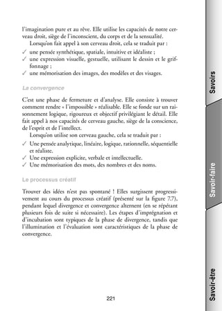 C’est une phase de fer­­ ture et d’analyse. Elle consiste à trou­­
me­­
ver
comment rendre « l’impossible » réa­­ sable. Elle se fonde sur un rai­
li­­
­
son­­ ment logique, rigou­­
ne­­
reux et objec­­ pri­­ lé­­
tif vi­­ giant le détail. Elle
fait appel à nos capa­­ tés de cer­­
ci­­
veau gauche, siège de la conscience,
de l’esprit et de l’intellect.
Lorsqu’on uti­­ son cer­­
lise
veau gauche, cela se tra­­
duit par :
✓✓ Une pen­­ ana­­ tique, linéaire, logique, ration­­
sée
ly­­
nelle, séquen­­
tielle
et réa­­
liste.
✓✓ Une expres­­
sion expli­­
cite, ver­­
bale et intel­­ tuelle.
lec­­
✓✓ Une mémo­­ sa­­
ri­­ tion des mots, des nombres et des noms.
Le pro­­ sus créa­­
ces­­
tif

Trou­­ des idées n’est pas spon­­
ver
tané  ! Elles sur­­
gissent pro­­ si­
gres­­ ­
ve­­
ment au cours du pro­­ sus créa­­ (pré­­
ces­­
tif
senté sur la figure 7.7),
pen­­
dant lequel diver­­
gence et conver­­
gence alternent (en se répé­­
tant
plu­­
sieurs fois de suite si néces­­
saire). Les étapes d’imprégnation et
d’incubation sont typiques de la phase de diver­­
gence, tan­­ que
dis
l’illumination et l’évaluation sont carac­­ ris­­
té­­ tiques de la phase de
conver­­
gence.

221

Savoirs
Savoir-faire

La conver­­
gence

Savoir-être

l’imagination pure et au rêve. Elle uti­­ les capa­­ tés de notre cer­
lise
ci­­
­
veau droit, siège de l’inconscient, du corps et de la sen­­ lité.
sua­­
Lorsqu’on fait appel à son cer­­
veau droit, cela se tra­­
duit par :
✓✓ une pen­­ syn­­ tique, spa­­
sée
thé­­
tiale, intui­­ et idéa­­
tive
liste ;
✓✓ une expres­­
sion visuelle, ges­­
tuelle, uti­­ sant le des­­ et le grif­
li­­
sin
­
fon­­
nage ;
✓✓ une mémo­­ sa­­
ri­­ tion des images, des modèles et des visages.

 