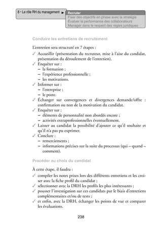 8 • Le rôle RH du mana­­ ment
ge­­

Recru­­
ter
Fixer des objec­­ en phase avec la stratégie
tifs
Éva­­
luer la per­­ mance des col­­ bo­­ teurs
for­­
la­­ ra­­
Mana­­ dans le respect des règles juridiques
ger

Conduire les entre­­
tiens de recru­­ ment
te­­

L’entretien sera struc­­
turé en 7 étapes :
✓✓ Accueillir (pré­­ ta­­
sen­­ tion du recru­­
teur, mise à l’aise du can­­ dat,
di­­
pré­­ ta­­
sen­­ tion du dérou­­ ment de l’entretien).
le­­
✓✓ Enquê­­ sur :
ter
−− la for­­ tion ;
ma­­
−− l’expérience pro­­ sion­­
fes­­ nelle ;
−− les moti­­
vations.
✓✓ Infor­­ sur :
mer
−− l’entreprise ;
−− le poste.
✓✓ Échan­­
ger sur conver­­
gences et diver­­
gences demande/offre  :
confir­­ tion ou non de la moti­­
ma­­
vation du can­­ dat.
di­­
✓✓ Enquê­­ sur :
ter
−− élé­­
ments de per­­ na­­ non abor­­ encore ;
son­­ lité
dés
−− acti­­ tés extra­ rofes­­ nelles éven­­ le­­
vi­­
p
sion­­
tuel­­ ment.
✓✓ Lais­­ au can­­ dat la pos­­ bi­­ d’ajouter ce qu’il sou­­
ser
di­­
si­­ lité
haite et
qu’il n’a pas pu expri­­
mer.
✓✓ Conclure :
−− remer­­
ciements ;
−− infor­­ tions pré­­
ma­­
cises sur la suite du pro­­ sus (qui – quand –
ces­­
comment).
Pro­­ der au choix du can­­ dat
cé­­
di­­

À cette étape, il fau­­
dra :
✓✓ compi­­ les notes prises lors des dif­­ rents entre­­
ler
fé­­
tiens et les croi­
­
ser avec la fiche pro­­ du can­­ dat ;
fil
di­­
✓✓ sélec­­ ner avec la DRH les pro­­ les plus inté­­ sants ;
tion­­
fils
res­­
✓✓ pous­­ l’investigation sur ces can­­ dats par le biais d’entretiens
ser
di­­
complé­­ taires et/ou de tests ;
men­­
✓✓ et enfin, avec la DRH, échan­­ les points de vue et compa­­
ger
rer
les éva­­ tions.
lua­­
238

 