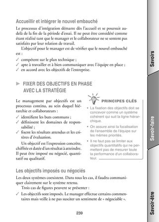 Le pro­­ sus d’intégration démarre dès l’accueil et se pour­­ auces­­
suit
d
­ elà de la fin de la période d’essai. Il ne peut être consi­­
déré comme
étant réa­­ tant que le mana­­ et le col­­ bo­­ teur ne se sentent pas
lisé
ger
la­­ ra­­
satis­­
faits par leur rela­­
tion de tra­­
vail.
L’objectif pour le mana­­ est de véri­­ que le nou­­ embau­­
ger
fier
vel
ché
est :
✓✓ compétent sur le plan tech­­
nique ;
✓✓ apte à tra­­
vailler et à bien commu­­ quer avec l’équipe en place ;
ni­­
✓✓ en accord avec les objec­­ de l’entreprise.
tifs

Savoirs

Accueillir et inté­­
grer le nou­­ embau­­
vel
ché

CC Fixer des objec­­tifs en phase
avec la stra­­té­­gie
PRINCIPES CLÉS
•	 La fixa­­
tion des objec­­ doit se
tifs
conce­­
voir comme un sys­­
tème
cohé­­
rent qui suit la ligne hié­­ ­
rar­
chique.
•	 On assure ainsi la foca­­ sa­­
li­­ tion
de l’ensemble de l’équipe sur
les mêmes prio­­ tés.
ri­­
•	 Il ne faut pas se limi­­ aux
ter
objec­­ quan­­ tatifs qui ne per­
tifs
ti­­
­
mettent pas de mesu­­ toute
rer
la per­­ mance d’un col­­ bo­­ ­
for­­
la­­ ra­
teur.

Savoir-faire

Le mana­­ ment par objec­­ est un
ge­­
tifs
pro­­ sus continu, au sein duquel hié­
ces­­
­
rar­­
chie et col­­ bo­­ teurs :
la­­ ra­­
✓✓ iden­­ fient les buts communs ;
ti­­
✓✓ défi­­
nissent les domaines de res­­ ­
pon­
sa­­ lité ;
bi­­
✓✓ fixent les résul­­ atten­­ et les cri­
tats
dus
­
tères d’évaluation.
Un objec­­ est l’expression concrète,
tif
chif­­ et datée d’un résul­­ à atteindre.
frée
tat
Il peut être imposé ou négo­­ quan­­ ­
cié,
ti­
tatif ou qua­­ ta­­
li­­ tif.

Les deux sys­­
tèmes coexistent. Dans tous les cas, il fau­­ commu­­ ­
dra
ni­
quer clai­­ ment sur le sys­­
re­­
tème retenu.
Trois cas de figures peuvent se pré­­ ter :
sen­­
✓✓ Les objec­­ sont impo­­ Le mana­­ effec­­ cer­­
tifs
sés.
ger
tue tains com­ en­
m ­
taires mais veille à ne pas sus­­ ter un sen­­ ment de « négo­­
ci­­
ti­­
ciable ».
239

Savoir-être

Les objec­­ impo­­ ou négo­­
tifs
sés
ciés

 