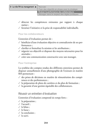 8 • Le rôle RH du mana­­ ment
ge­­

Recru­­
ter
Fixer des objec­­ en phase avec la stratégie
tifs
Éva­­
luer la per­­ mance des col­­ bo­­ teurs
for­­
la­­ ra­­
Mana­­ dans le respect des règles juridiques
ger

✓✓ détecter les compé­­
tences exis­­
tantes par rap­­
port à chaque
métier ;
✓✓ favo­­ ser l’initiative et la prise de res­­ sa­­ lité indi­­ duelle.
ri­­
pon­­ bi­­
vi­­
Pour les col­­ bo­­ teurs
la­­ ra­­

L’entretien d’évaluation per­­ de :
met
✓✓ béné­­ cier d’une éva­­ tion objec­­ et contra­­ toire de ses per­
fi­­
lua­­
tive
dic­­
­
for­­
mances ;
✓✓ cla­­ fier et for­­ li­­ la mis­­
ri­­
ma­­ ser
sion et les attri­­ tions ;
bu­­
✓✓ négo­­ ses objec­­ et dis­­ ser des moyens néces­­
cier
tifs
po­­
saires pour les
atteindre ;
✓✓ créer une commu­­ ca­­
ni­­ tion construc­­ avec son mana­­
tive
ger.
Pour l’entreprise

La syn­­
thèse des comptes ren­­ des dif­­ rents entre­­
dus
fé­­
tiens per­­ de
met
dis­­ ser annuel­­ ment d’une photo­­
po­­
le­­
graphie de l’existant en matière
RH per­­ tant :
met­­
✓✓ des prises de déci­­
sions en matière de rému­­ ra­­
né­­ tion des compé­
­
tences et des per­­ mances ;
for­­
✓✓ la pré­­ ra­­
pa­­ tion de plans de car­­
rières et du plan de for­­ tion ;
ma­­
✓✓ la garan­­ d’une ges­­
tie
tion équi­­
table des col­­ bo­­ teurs.
la­­ ra­­

Réus­­ un entre­­ d’évaluation
sir
tien
L’entretien d’évaluation comprend six temps forts :
✓✓ la pré­­ ra­­
pa­­ tion ;
✓✓ l’accueil ;
✓✓ le bilan ;
✓✓ le futur ;
✓✓ la conclu­­
sion ;
✓✓ le suivi.
244

 