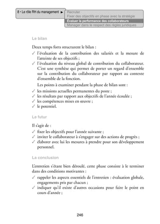 8 • Le rôle RH du mana­­ ment
ge­­

Recru­­
ter
Fixer des objec­­ en phase avec la stratégie
tifs
Éva­­
luer la per­­ mance des col­­ bo­­ teurs
for­­
la­­ ra­­
Mana­­ dans le respect des règles juridiques
ger

Le bilan

Deux temps forts struc­­
turent le bilan :
✓✓ l’évaluation de la contri­­ tion des sala­­
bu­­
riés et la mesure de
l’atteinte de ses objec­­
tifs ;
✓✓ l’évaluation du niveau glo­­ de contri­­ tion du col­­ bo­­ teur.
bal
bu­­
la­­ ra­­
C’est une syn­­
thèse qui per­­
met de por­­ un regard d’ensemble
ter
sur la contri­­ tion du col­­ bo­­ teur par rap­­
bu­­
la­­ ra­­
port au contexte
d’ensemble de la fonc­­
tion.
Les points à exa­­ ner pen­­
mi­­
dant la phase de bilan sont :
✓✓ les mis­­
sions actuelles per­­ nentes du poste ;
ma­­
✓✓ les résul­­ par rap­­
tats
port aux objec­­ de l’année écou­­
tifs
lée ;
✓✓ les compé­­
tences mises en œuvre ;
✓✓ le poten­­
tiel.
Le futur

Il s’agit de :
✓✓ fixer les objec­­ pour l’année sui­­
tifs
vante ;
✓✓ invi­­ le col­­ bo­­ teur à s’engager sur des actions de pro­­
ter
la­­ ra­­
grès ;
✓✓ éla­­ rer avec lui les mesures à prendre pour son déve­­ pe­­
bo­­
lop­­ ment
per­­ nel.
son­­
La conclu­­
sion

L’entretien s’étant bien déroulé, cette phase consiste à le ter­­ ner
mi­­
dans des condi­­
tions moti­­
vantes :
✓✓ rap­­ ler les aspects essen­­
pe­­
tiels de l’entretien : éva­­ tion glo­­
lua­­
bale,
enga­­ ments pris par cha­­
ge­­
cun ;
✓✓ indi­­
quer qu’il existe d’autres occa­­
sions pour faire le point en
cours d’année ;

246

 