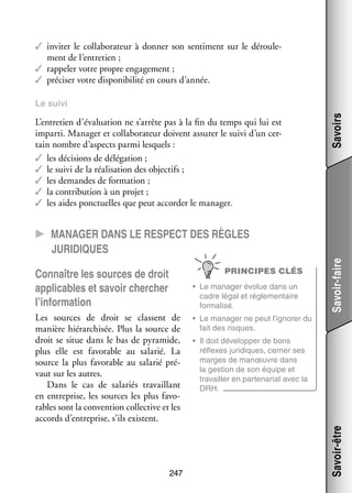 ✓✓ invi­­ le col­­ bo­­ teur à don­­ son sen­­ ment sur le dérou­­ ­
ter
la­­ ra­­
ner
ti­­
le­
ment de l’entretien ;
✓✓ rap­­ ler votre propre enga­­ ment ;
pe­­
ge­­
✓✓ pré­­ ser votre dis­­ ni­­ lité en cours d’année.
ci­­
po­­ bi­­

L’entretien d’évaluation ne s’arrête pas à la fin du temps qui lui est
imparti. Mana­­ et col­­ bo­­ teur doivent assu­­ le suivi d’un cer­
ger
la­­ ra­­
rer
­
tain nombre d’aspects parmi les­­
quels :
✓✓ les déci­­
sions de délé­­ tion ;
ga­­
✓✓ le suivi de la réa­­ sa­­
li­­ tion des objec­­
tifs ;
✓✓ les demandes de for­­ tion ;
ma­­
✓✓ la contri­­ tion à un pro­­
bu­­
jet ;
✓✓ les aides ponc­­
tuelles que peut accor­­ le mana­­
der
ger.

Savoirs

Le suivi

PRINCIPES CLÉS
•	 Le mana­­ évo­­ dans un
ger
lue
cadre légal et régle­­
men­­
taire
for­­ lisé.
ma­­

Les sources de droit se classent de
manière hié­­ chi­­ Plus la source de
rar­­ sée.
droit se situe dans le bas de pyra­­
mide,
plus elle est favo­­
rable au sala­­
rié. La
source la plus favo­­
rable au sala­­ pré­
rié
­
vaut sur les autres.
Dans le cas de sala­­
riés tra­­
vaillant
en entre­­
prise, les sources les plus favo­
­
rables sont la conven­­
tion col­­ tive et les
lec­­
accords d’entreprise, s’ils existent.

247

•	 Le mana­­ ne peut l’ignorer du
ger
fait des risques.
•	 Il doit déve­­ per de bons
lop­­
réflexes juri­­
diques, cer­­ ses
ner
marges de manœuvre dans
la ges­­
tion de son équipe et
tra­­
vailler en par­­ na­­ avec la
te­­ riat
DRH.

Savoir-être

Connaître les sources de droit
appli­­
cables et savoir cher­­
cher
l’information

Savoir-faire

CC Mana­­ger dans le respect des règles
juri­­diques

 