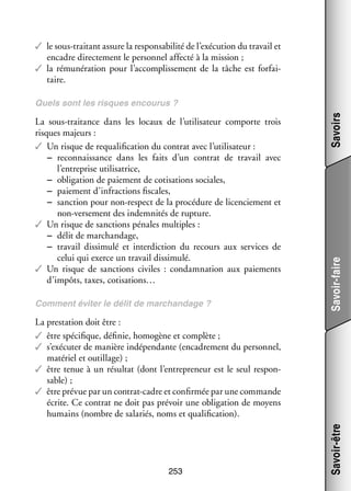✓✓ le sous-­ raitant assure la res­­ sa­­ lité de l’exécution du tra­­ et
t
pon­­ bi­­
vail
encadre direc­­ ment le per­­ nel affecté à la mis­­
te­­
son­­
sion ;
✓✓ la rému­­ ra­­
né­­ tion pour l’accomplissement de la tâche est for­­ ­
fai­
taire.

Comment évi­­ le délit de mar­­
ter
chan­­
dage ?

Savoir-faire

La sous-­ raitance dans les locaux de l’utilisateur comporte trois
t
risques majeurs :
✓✓ Un risque de re­ uali­­ ca­­
q fi­­ tion du contrat avec l’utilisateur :
−− reconnais­­
sance dans les faits d’un contrat de tra­­
vail avec
l’entreprise uti­­ sa­­
li­­ trice,
−− obli­­ tion de paie­­
ga­­
ment de coti­­
sations sociales,
−− paie­­
ment d’infractions fis­­
cales,
−− sanc­­
tion pour non-­ espect de la pro­­ dure de licen­­ ment et
r
cé­­
cie­­
non-­ ersement des indem­­ tés de rup­­
v
ni­­
ture.
✓✓ Un risque de sanc­­
tions pénales mul­­
tiples :
−− délit de mar­­
chan­­
dage,
−− tra­­
vail dis­­ mulé et inter­­ tion du recours aux ser­­
si­­
dic­­
vices de
celui qui exerce un tra­­ dis­­ mulé.
vail si­­
✓✓ Un risque de sanc­­
tions civiles  : condam­­ tion aux paie­­
na­­
ments
d’impôts, taxes, cotisations…

Savoirs

Quels sont les risques encou­­
rus ?

253

Savoir-être

La pres­­ tion doit être :
ta­­
✓✓ être spé­­ fique, défi­­ homo­­
ci­­
nie,
gène et complète ;
✓✓ s’exécuter de manière indé­­ dante (enca­­ ment du per­­ nel,
pen­­
dre­­
son­­
maté­­ et outillage) ;
riel
✓✓ être tenue à un résul­­ (dont l’entrepreneur est le seul res­­ ­
tat
pon­
sable) ;
✓✓ être pré­­ par un contrat-­ adre et confir­­
vue
c
mée par une commande
écrite. Ce contrat ne doit pas pré­­
voir une obli­­ tion de moyens
ga­­
humains (nombre de sala­­
riés, noms et qua­­ fi­­ tion).
li­­ ca­­

 