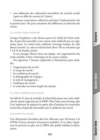 Lorsque l’employeur a des doutes quant à la réa­­ de l’arrêt mala­
lité
­
die, il peut faire pro­­ der à une contre-­ isite médi­­ par un orga­
cé­­
v
cale
­
nisme privé. La contre-­ isite médi­­
v
cale s’envisage lorsque de réels
doutes existent. Le coût est rela­­ ve­­
ti­­ ment élevé. On ne ren­­
contre que
5 à 8 % de fraudes avé­­
rées.
Si un mana­­ observe dans son équipe, une aug­­ ta­­
ger
men­­ tion des
arrêts mala­­ il faut s’interroger sur les causes cachées.
die,
On réper­­ rie 7 fac­­
to­­
teurs expli­­ tifs à l’absentéisme pour mala­
ca­­
­
die :
✓✓ l’organisation du tra­­
vail ;
✓✓ le temps de tra­­
vail ;
✓✓ les condi­­
tions de tra­­
vail ;
✓✓ la démo­­ phie de l’équipe ;
gra­­
✓✓ le style de mana­­ ment ;
ge­­
✓✓ l’ambiance de tra­­
vail ;
✓✓ la santé plus ou moins fra­­ des sala­­
gile
riés.

Savoir-faire

La contre-­ isite médi­­
v
cale

Savoirs

✓✓ sous déduc­­
tion des indem­­ tés jour­­ lières de sécu­­ sociale
ni­­
na­­
rité
(après un délai de carence de 3 jours).
Cer­­
taines conven­­
tions col­­ tives pré­­
lec­­
voient l’indemnisation dès
le pre­­
mier jour. On peut ren­­
contrer des dif­­ rences en fonc­­
fé­­
tion des
sta­­
tuts.

La visite médi­­
cale de reprise

Au-­ elà de 21 jours de mala­­ le sala­­ doit pas­­ une visite médi­
d
die,
rié
ser
­
cale de reprise orga­­ sée par la DRH. Plus l’arrêt aura été long, plus
ni­­
il est impor­­
tant de pré­­ rer la reprise afin d’anticiper les éven­­
pa­­
tuelles
res­ ric­­
t tions d’aptitude deman­­
dées par la méde­­
cine du tra­­
vail.

Une décla­­ tion d’accident doit être effec­­
ra­­
tuée sous 48  heures à la
CPAM (Caisse pri­­
maire d’assurance-maladie). Il est donc impor­
­
tant de pré­­ nir au plus vite la DRH afin qu’elle éta­­
ve­­
blisse la décla­
­
ra­­
tion.
255

Savoir-être

L’accident du tra­­
vail

 