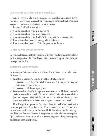 Ils sont à prendre dans une période rai­­ nable entou­­
son­­
rant l’évé­
nement. Les conven­­
tions col­­ tives peuvent pré­­ des durées plus
lec­­
voir
longues. Il est donc impor­­
tant de s’y repor­­
ter.
Les durées légales sont de :
✓✓ 4 jours ouvrables pour un mariage ;
✓✓ 3 jours ouvrables pour une nais­­
sance ;
✓✓ 2 jours ouvrables pour le décès du conjoint ou d’un enfant ;
✓✓ 1 jour ouvrable pour le mariage d’un enfant ;
✓✓ 1 jour ouvrable pour le décès du père ou de la mère.

Savoirs

Les congés pour évé­­ ments fami­­
ne­­
liaux

La ges­­
tion du temps de tra­­
vail

Le temps de tra­­ effec­­ désigne le temps pen­­
vail
tif
dant lequel le sala­­
rié
est à la dis­­ si­­
po­­ tion de l’employeur sans pou­­ vaquer à ses occu­­ ­
voir
pa­
tions per­­ nelles.
son­­

259

Savoir-être

Le mana­­ doit connaître les limites à res­­ ter quant à la durée
ger
pec­­
du tra­­
vail :
✓✓ Pour les sala­­ gérés en heures (hors for­­
riés
fait/jours) :
−− maxi­­
mum 48  heures heb­­ ma­­
do­­ daires, 44  heures heb­­ ma­
do­­ ­
daires sur 12 semaines ;
−− maxi­­
mum 10 heures par jour.
✓✓ Pour tous les sala­­
riés, le repos mini­­
mum est de 11 heures consé­
­
cu­­
tives jour­­ lières et de 24 heures consé­­ tives heb­­ ma­­
na­­
cu­­
do­­ daires
(soit un repos mini­­
mal de 35  heures heb­­ ma­­
do­­ daires) et une
pause quo­­ dienne de 20 minutes après 6 heures de tra­­
ti­­
vail.
Des déro­­ tions peuvent être accor­­
ga­­
dées à ces durées maximales
ou repos par accord de branche, décret, arrêté, accord d’entreprise
ou déci­­
sion de l’inspecteur du tra­­
vail. Il faut donc que le mana­­
ger
soit bien au fait des limites à res­­ ter au sein de son entre­­
pec­­
prise.
Qu’il existe ou non un suivi des temps orga­­
nisé dans l’entreprise,
ces limites sont à res­­ ter.
pec­­

Savoir-faire

Temps de tra­­
vail et repos

 