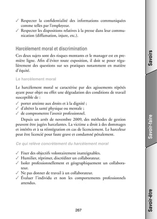 Har­­ le­­
cè­­ ment moral et dis­­ mi­­ tion
cri­­ na­­
Ces deux sujets sont des risques mon­­
tants et le mana­­ est en pre­
ger
­
mière ligne. Afin d’éviter toute expo­­ tion, il doit se poser régu­
si­­
­
liè­­ ment des ques­­
re­­
tions sur ses pra­­
tiques notam­­
ment en matière
d’équité.

Savoirs

✓✓ Res­­ ter la confi­­ tia­­ des infor­­ tions commu­­ quées
pec­­
den­­ lité
ma­­
ni­­
comme telles par l’employeur.
✓✓ Res­­ ter les dis­­ si­­
pec­­
po­­ tions rela­­
tives à la presse dans leur commu­
­
ni­­ tion (dif­­ ma­­
ca­­
fa­­ tion, injure, etc.).

Le har­­ le­­
cè­­ ment moral se carac­­ rise par des agis­­ ments répé­­
té­­
se­­
tés
ayant pour objet ou effet une dégra­­ tion des condi­­
da­­
tions de tra­­
vail
sus­­ tible de :
cep­­
✓✓ por­­ atteinte aux droits et à la dignité ;
ter
✓✓ d’altérer la santé phy­­
sique ou men­­
tale ;
✓✓ de compro­­
mettre l’avenir pro­­ sion­­
fes­­ nel.
Depuis un arrêt de novembre  2009, des méthodes de ges­­
tion
peuvent être jugées har­­ lantes. La vic­­
ce­­
time a droit à des dom­­
mages
et inté­­ et à sa réin­­ gra­­
rêts
té­­ tion en cas de licen­­ ment. Le harceleur
cie­­
peut être licen­­ pour faute grave et condamné péna­­ ment.
cié
le­­

Savoir-faire

Le har­­ le­­
cè­­ ment moral

Ce qui relève concrè­­ ment du har­­ le­­
te­­
cè­­ ment moral

267

Savoir-être

✓✓ Fixer des objec­­ volon­­ re­­
tifs
tai­­ ment in­ ttei­­
a gnables.
✓✓ Humi­­ répri­­
lier,
mer, dis­­
crédi­­ un col­­ bo­­ teur.
ter
la­­ ra­­
✓✓ Iso­­ pro­­ sion­­ le­­
ler
fes­­ nel­­ ment et géo­­ phi­­ ment un col­­ bo­­ ­
gra­­ que­­
la­­ ra­
teur.
✓✓ Ne pas don­­ de tra­­ à un col­­ bo­­ teur.
ner
vail
la­­ ra­­
✓✓ Éva­­
luer l’individu et non les compor­­ ments pro­­ sion­­
te­­
fes­­ nels
atten­­
dus.

 