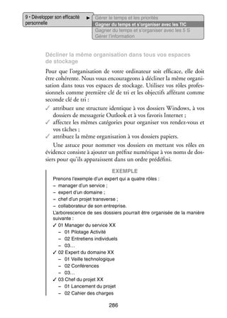 9 • Déve­­ per son effi­­ cité
lop­­
ca­­
per­­ nelle
son­­

Gérer le temps et les prio­­ tés
ri­­
Gagner du temps et s’organiser avec les TIC
Gagner du temps et s’organiser avec les 5 S
Gérer l’information

Décli­­
ner la même orga­­ sa­­
ni­­ tion dans tous vos espaces
de sto­­
ckage

Pour que l’organisation de votre ordi­­ teur soit effi­­
na­­
cace, elle doit
être cohé­­
rente. Nous vous encou­­ geons à décli­­ la même orga­­ ­
ra­­
ner
ni­
sa­­
tion dans tous vos espaces de sto­­
ckage. Uti­­ sez vos rôles pro­­ ­
li­­
fes­
sion­­
nels comme pre­­
mière clé de tri et les objec­­ affé­­
tifs
rant comme
seconde clé de tri :
✓✓ attri­­
buez une struc­­
ture iden­­
tique à vos dos­­
siers Windows, à vos
dos­­
siers de mes­­ ge­­ Outlook et à vos favo­­ Inter­­
sa­­ rie
ris
net ;
✓✓ affec­­ les mêmes caté­­ ries pour orga­­ ser vos rendez-­ ous et
tez
go­­
ni­­
v
vos tâches ;
✓✓ attri­­
buez la même orga­­ sa­­
ni­­ tion à vos dos­­
siers papiers.
Une astuce pour nom­­
mer vos dos­­
siers en met­­
tant vos rôles en
évi­­
dence consiste à ajou­­ un pré­­ numé­­
ter
fixe
rique à vos noms de dos­
­
siers pour qu’ils appa­­
raissent dans un ordre pré­­ fini.
dé­­
Exemple
Pre­­
nons l’exemple d’un expert qui a quatre rôles :
−− mana­­ d’un ser­­
ger
vice ;
−− expert d’un domaine ;
−− chef d’un pro­­ trans­ erse ;
jet
v
−− col­­ bo­­ teur de son entre­­
la­­ ra­­
prise.
L’arborescence de ses dos­­
siers pour­­ être orga­­ sée de la manière
rait
ni­­
sui­­
vante :
✓✓ 01 Mana­­ du ser­­
ger
vice XX
−− 01 Pilo­­
tage Acti­­
vité
−− 02 Entre­­
tiens indi­­ duels
vi­­
−− 03…
✓✓ 02 Expert du domaine XX
−− 01 Veille tech­­ lo­­
no­­ gique
−− 02 Confé­­
rences
−− 03…
✓✓ 03 Chef du pro­­ XX
jet
−− 01 Lan­­ ment du pro­­
ce­­
jet
−− 02 Cahier des charges

286

 