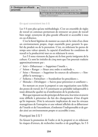 9 • Déve­­ per son effi­­ cité
lop­­
ca­­
per­­ nelle
son­­

Gérer le temps et les prio­­ tés
ri­­
Gagner du temps et s’organiser avec les TIC
Gagner du temps et s’organiser avec les 5 S
Gérer l’information

En quoi consistent les 5 S

Les 5 S sont plus qu’une métho­­ lo­­ C’est un ensemble de règles
do­­ gie.
de tra­­ en commun per­­ tant de retrou­­ un poste de tra­­
vail
met­­
ver
vail
bien rangé, syno­­
nyme de plus grande effi­­ cité et acces­­
ca­­
sible à tous
en cas d’absence.
C’est la fierté légi­­
time de mon­­ au cours de la visite d’un client
trer
un envi­­ ne­­
ron­­ ment propre, étape essen­­
tielle pour garan­­ la qua­
tir
­
lité du pro­­
duit ou de la pres­­ tion. C’est, en rédui­­
ta­­
sant les pertes de
temps sans valeur ajou­­ la capa­­ d’améliorer les condi­­
tée,
cité
tions de
tra­­ et la pro­­ ti­­ tout en en rédui­­
vail
duc­­ vité
sant le stress.
Les 5 S nous viennent du Japon où ils font par­­ inté­­
tie
grante de la
culture. Ce sont les ini­­
tiales de cinq mots que l’on pour­­ tra­­
rait duire
approxi­­ ti­­ ment par :
ma­­ ve­­
✓✓ Seiri = Débar­­ ser : « Sup­­ mer l’inutile ».
ras­­
pri­­
✓✓ Seiton = Ran­­
ger : « Situer avec ordre et méthode ».
✓✓ Seiso = Net­­
toyer : « Sup­­ mer les sources de salis­­
pri­­
sures ». « Sim­
­
pli­­ le net­­
fier
toyage ».
✓✓ Seiketsu = For­­ li­­
ma­­ ser : « Stan­­ di­­ les pro­­ dures ».
dar­­ ser
cé­­
✓✓ Shitsuke = Déve­­ per : « Suivre pour péren­­ ser et amé­­ rer ».
lop­­
ni­­
lio­­
En met­­
tant en avant la pro­­
preté et une orga­­ sa­­
ni­­ tion sans failles
des postes de tra­­
vail, les 5 S consti­­
tuent un préa­­
lable indis­­ sable à
pen­­
toute démarche qua­­ ou d’amélioration de la pro­­ tion.
lité
duc­­
Bien que repo­­ sur des prin­­
sant
cipes de bon sens, leur mise en œuvre
reste dif­­ cile à péren­­ ser du fait des chan­­ ments d’état d’esprit
fi­­
ni­­
ge­­
qu’ils imposent. D’où la néces­­
saire impli­­ tion de tous les niveaux
ca­­
managériaux de l’entreprise et une volonté affi­­
chée de se débar­­ ser
ras­­
de l’inutile et de l’encombrant, d’ordonner l’indispensable et de gar­
­
der ainsi un envi­­ ne­­
ron­­ ment propre et acces­­
sible à tous.

Pour­­
quoi les 5 S ?
En fai­­
sant la pro­­ tion de l’ordre et de la pro­­
mo­­
preté et en rédui­­
sant
les risques d’erreurs, de recherches inutiles et de gas­­
pillages, les 5 S
294

 