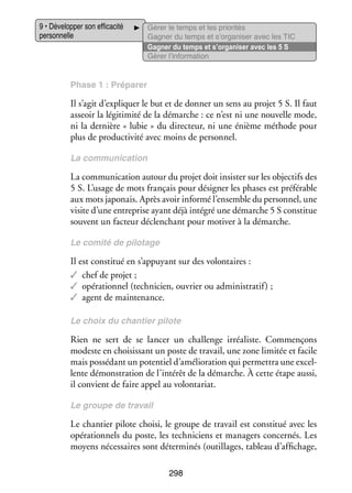 9 • Déve­­ per son effi­­ cité
lop­­
ca­­
per­­ nelle
son­­

Gérer le temps et les prio­­ tés
ri­­
Gagner du temps et s’organiser avec les TIC
Gagner du temps et s’organiser avec les 5 S
Gérer l’information

Phase 1 : Pré­­ rer
pa­­

Il s’agit d’expliquer le but et de don­­ un sens au pro­­ 5 S. Il faut
ner
jet
asseoir la légi­­ mité de la démarche : ce n’est ni une nou­­
ti­­
velle mode,
ni la der­­
nière « lubie » du direc­­
teur, ni une énième méthode pour
plus de pro­­ ti­­ avec moins de per­­ nel.
duc­­ vité
son­­
La commu­­ ca­­
ni­­ tion

La commu­­ ca­­
ni­­ tion autour du pro­­ doit insis­­ sur les objec­­ des
jet
ter
tifs
5 S. L’usage de mots fran­­ pour dési­­
çais
gner les phases est pré­­ rable
fé­­
aux mots japo­­
nais. Après avoir informé l’ensemble du per­­ nel, une
son­­
visite d’une entre­­
prise ayant déjà inté­­ une démarche 5 S consti­­
gré
tue
sou­­
vent un fac­­
teur déclen­­
chant pour moti­­ à la démarche.
ver
Le comité de pilo­­
tage

Il est consti­­ en s’appuyant sur des volon­­
tué
taires :
✓✓ chef de pro­­
jet ;
✓✓ opé­­ tion­­ (tech­­ cien, ouvrier ou admi­­ tra­­
ra­­ nel
ni­­
nis­­ tif) ;
✓✓ agent de main­­ nance.
te­­
Le choix du chan­­
tier pilote

Rien ne sert de se lan­­ un chal­­
cer
lenge irréa­­
liste. Commen­­
çons
modeste en choi­­ sant un poste de tra­­
sis­­
vail, une zone limi­­ et facile
tée
mais pos­­ dant un poten­­ d’amélioration qui per­­ tra une excel­
sé­­
tiel
met­­
­
lente démons­­ tion de l’intérêt de la démarche. À cette étape aussi,
tra­­
il convient de faire appel au volon­­ riat.
ta­­
Le groupe de tra­­
vail

Le chan­­ pilote choisi, le groupe de tra­­ est consti­­ avec les
tier
vail
tué
opé­­ tion­­
ra­­ nels du poste, les tech­­ ciens et mana­­
ni­­
gers concer­­
nés. Les
moyens néces­­
saires sont déter­­ nés (outillages, tableau d’affichage,
mi­­
298

 