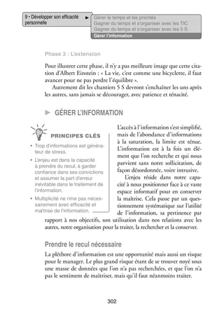 9 • Déve­­ per son effi­­ cité
lop­­
ca­­
per­­ nelle
son­­

Gérer le temps et les prio­­ tés
ri­­
Gagner du temps et s’organiser avec les TIC
Gagner du temps et s’organiser avec les 5 S
Gérer l’information

Phase 3 : L’extension

Pour illus­­ cette phase, il n’y a pas meilleure image que cette cita­
trer
­
tion d’Albert Einstein : « La vie, c’est comme une bicy­­
clette, il faut
avan­­ pour ne pas perdre l’équilibre ».
cer
Autre­­
ment dit les chan­­
tiers 5 S devront s’enchaîner les uns après
les autres, sans jamais se décou­­ ger, avec patience et téna­­
ra­­
cité.

CC Gérer l’information
L’accès à l’information s’est sim­­ fié,
pli­­
mais de l’abondance d’informations
PRINCIPES CLÉS
à la satu­­ tion, la limite est ténue.
ra­­
•	 Trop d’informations est géné­­ ­
ra­
L’information est à la fois un élé­
­
teur de stress.
ment que l’on recherche et qui nous
•	 L’enjeu est dans la capa­­
cité
par­­
vient sans notre sol­­ ci­­ tion, de
li­­ ta­­
à prendre du recul, à gar­­
der
façon désor­­ née, voire intrusive.
don­­
confiance dans ses convictions
L’enjeu réside dans notre capa­
­
et assu­­
mer la part d’erreur
inévi­­
table dans le trai­­ ment de
te­­
cité à nous posi­­ ner face à ce vaste
tion­­
l’information.
espace infor­­ tif pour en conser­­
ma­­
ver
•	 Mul­­ pli­­
ti­­ cité ne rime pas néces­
­
la maî­­
trise. Cela passe par un ques­
­
sai­­ ment avec effi­­ cité et
re­­
ca­­
tion­­ ment sys­­ ma­­
ne­­
té­­ tique sur l’utilité
maî­­
trise de l’information.
de l’information, sa per­­ nence par
ti­­
rap­­
port à nos objec­­
tifs, son uti­­ sation dans nos rela­­
li­­
tions avec les
autres, notre orga­­ sa­­ pour la trai­­ la recher­­
ni­­ tion
ter,
cher et la conser­­
ver.

Prendre le recul néces­­
saire
La plé­­
thore d’information est une oppor­­ nité mais aussi un risque
tu­­
pour le mana­­ Le plus grand risque étant de se trou­­ noyé sous
ger.
ver
une masse de don­­
nées que l’on n’a pas recher­­
chées, et que l’on n’a
pas le sen­­ ment de maî­­ ser, mais qu’il faut néan­­
ti­­
tri­­
moins trai­­
ter.

302

 