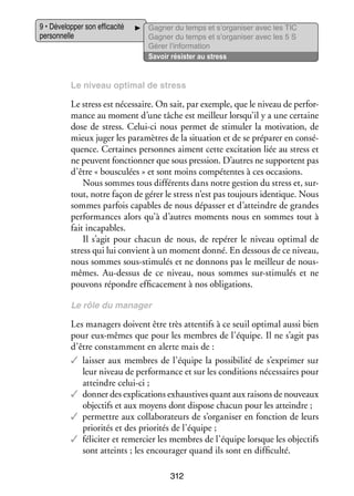 9 • Déve­­ per son effi­­ cité
lop­­
ca­­
per­­ nelle
son­­

Gagner du temps et s’organiser avec les TIC
Gagner du temps et s’organiser avec les 5 S
Gérer l’information
Savoir résis­­ au stress
ter

Le niveau opti­­
mal de stress

Le stress est néces­­
saire. On sait, par exemple, que le niveau de per­­ ­
for­
mance au moment d’une tâche est meilleur lorsqu’il y a une cer­­
taine
dose de stress. Celui-­ i nous per­­
c
met de sti­­ ler la moti­­
mu­­
vation, de
mieux juger les para­­
mètres de la situa­­
tion et de se pré­­ rer en consé­
pa­­
­
quence. Cer­­
taines per­­
sonnes aiment cette exci­­ tion liée au stress et
ta­­
ne peuvent fonc­­ ner que sous pres­­
tion­­
sion. D’autres ne sup­­
portent pas
d’être « bous­­ lées » et sont moins compé­­
cu­­
tentes à ces occa­­
sions.
Nous sommes tous dif­­ rents dans notre ges­­
fé­­
tion du stress et, sur­
­
tout, notre façon de gérer le stress n’est pas tou­­
jours iden­­
tique. Nous
sommes par­­ capables de nous dépas­­ et d’atteindre de grandes
fois
ser
per­­ mances alors qu’à d’autres moments nous en sommes tout à
for­­
fait inca­­
pables.
Il s’agit pour cha­­
cun de nous, de repérer le niveau opti­­
mal de
stress qui lui convient à un moment donné. En des­­
sous de ce niveau,
nous sommes sous-­ timulés et ne don­­
s
nons pas le meilleur de nousm
­ êmes. Au-­ essus de ce niveau, nous sommes sur-­ timulés et ne
d
s
pou­­
vons répondre effi­­ ce­­
ca­­ ment à nos obli­­ tions.
ga­­
Le rôle du mana­­
ger

Les mana­­ doivent être très atten­­ à ce seuil opti­­ aussi bien
gers
tifs
mal
pour eux-­ êmes que pour les membres de l’équipe. Il ne s’agit pas
m
d’être constam­­
ment en alerte mais de :
✓✓ lais­­ aux membres de l’équipe la pos­­ bi­­ de s’exprimer sur
ser
si­­ lité
leur niveau de per­­ mance et sur les condi­­
for­­
tions néces­­
saires pour
atteindre celui-­ i ;
c
✓✓ don­­ des expli­­ tions exhaus­­
ner
ca­­
tives quant aux rai­­
sons de nou­­
veaux
objec­­ et aux moyens dont dis­­
tifs
pose cha­­ pour les atteindre ;
cun
✓✓ per­­
mettre aux col­­ bo­­ teurs de s’organiser en fonc­­
la­­ ra­­
tion de leurs
prio­­ tés et des prio­­ tés de l’équipe ;
ri­­
ri­­
✓✓ féli­­ ter et remer­­ les membres de l’équipe lorsque les objec­­
ci­­
cier
tifs
sont atteints ; les encou­­ ger quand ils sont en dif­­ culté.
ra­­
fi­­
312

 