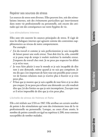 Repérer ses sources de stress

Elles sont très sou­­
vent les sources prin­­ pales de stress. Il s’agit de
ci­­
tous les dia­­
logues internes qui agissent comme des contraintes sup­
­
plé­­ taires au niveau de notre compor­­ ment.
men­­
te­­
Par exemple :
✓✓ J’ai du tra­­ et comme je suis per­­ tion­­
vail
fec­­ niste je suis inca­­
pable
de lais­­ pas­­ une seule erreur. Tout doit être lu, relu, contrôlé
ser
ser
et je passe trop de temps à vou­­ maî­­ ser la moindre erreur.
loir
tri­­
J’emporte du tra­­ chez moi. Je ne peux pas res­­ ter les délais
vail
pec­­
et je m’en veux.
✓✓ Je veux faire plai­­ à tout le monde et je suis inca­­
sir
pable de dire
non à une demande, même quand je ne suis pas compétent. Je
me dis que c’est impor­­
tant de faire tout son pos­­
sible pour conser­
­
ver de bonnes rela­­
tions mais je n’arrive plus à four­­ et je n’en
nir
peux plus.
✓✓ Il faut que je montre que je suis capable de tout faire et je ne dois
pas cra­­
quer. Je ne peux pas refu­­ une demande car cela vou­­
ser
drait
dire que j’ai des limites ou que je suis incom­­ tent. J’accepte tout
pé­­
et il m’est impos­­
sible de dire que je n’en peux plus.

Savoir-faire

Les sti­­ lations internes
mu­­

Savoirs

Les sources de stress sont diverses. Elles peuvent être, soit des sti­­ ­
mu­
lations internes, soit des évé­­ ments par­­ cu­­
ne­­
ti­­ liers qui inter­­
viennent
dans notre vie pro­­ sion­­
fes­­ nelle ou per­­ nelle, soit encore des atti­
son­­
­
tudes qui ont des consé­­
quences sur notre hygiène de vie.

L’échelle de stress de Holmes et Rahe

313

Savoir-être

Elle a été réa­­ sée aux USA en 1967. Elle attri­­ un cer­­
li­­
bue
tain nombre
de points à des sti­­ lations qui sont des évé­­ ments issus de la vie
mu­­
ne­­
pro­­ sion­­
fes­­ nelle ou per­­ nelle. Lorsque, au cours d’une année, le
son­­
nombre de points cumu­­ est égal ou supé­­
lés
rieur à 200, nous sommes
sus­­ tibles de tom­­ malades.
cep­­
ber

 