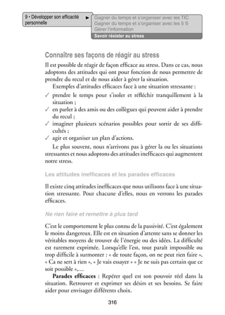 9 • Déve­­ per son effi­­ cité
lop­­
ca­­
per­­ nelle
son­­

Gagner du temps et s’organiser avec les TIC
Gagner du temps et s’organiser avec les 5 S
Gérer l’information
Savoir résis­­ au stress
ter

Connaître ses façons de réagir au stress
Il est pos­­
sible de réagir de façon effi­­
cace au stress. Dans ce cas, nous
adop­­
tons des atti­­
tudes qui ont pour fonc­­
tion de nous per­­
mettre de
prendre du recul et de nous aider à gérer la situa­­
tion.
Exemples d’attitudes effi­­
caces face à une situa­­
tion stres­­
sante :
✓✓ prendre le temps pour s’isoler et réflé­­
chir tran­­
quille­­
ment à la
situa­­
tion ;
✓✓ en par­­ à des amis ou des col­­
ler
lègues qui peuvent aider à prendre
du recul ;
✓✓ ima­­ ner plu­­
gi­­
sieurs scé­­ rios pos­­
na­­
sibles pour sor­­ de ses dif­­ ­
tir
fi­
cultés ;
✓✓ agir et orga­­ ser un plan d’actions.
ni­­
Le plus sou­­
vent, nous n’arrivons pas à gérer la ou les situa­­
tions
stres­­
santes et nous adop­­
tons des atti­­
tudes inef­­ caces qui aug­­
fi­­
mentent
notre stress.
Les atti­­
tudes inef­­ caces et les parades effi­­
fi­­
caces

Il existe cinq atti­­
tudes inef­­ caces que nous uti­­ sons face à une situa­
fi­­
li­­
­
tion stres­­
sante. Pour cha­­
cune d’elles, nous en ver­­
rons les parades
effi­­
caces.
Ne rien faire et remettre à plus tard

C’est le compor­­ ment le plus connu de la pas­­ vité. C’est éga­­ ment
te­­
si­­
le­­
le moins dan­­ reux. Elle est en situa­­
ge­­
tion d’attente sans se don­­ les
ner
véri­­
tables moyens de trou­­ de l’énergie ou des idées. La dif­­ culté
ver
fi­­
est rare­­
ment expri­­
mée. Lorsqu’elle l’est, tout paraît impos­­
sible ou
trop dif­­ cile à sur­­ ter : « de toute façon, on ne peut rien faire »,
fi­­
mon­­
« Ca ne sert à rien », « Je vais essayer » « Je ne suis pas cer­­
tain que ce
soit pos­­
sible »,…
Parades effi­­
caces  : Repérer quel est son pou­­
voir réel dans la
situa­­
tion. Retrou­­ et expri­­
ver
mer ses désirs et ses besoins. Se faire
aider pour envi­­ ger dif­­ rents choix.
sa­­
fé­­
316

 