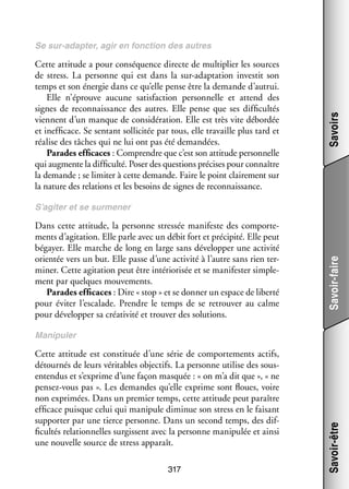 Cette atti­­
tude a pour consé­­
quence directe de mul­­ plier les sources
ti­­
de stress. La per­­
sonne qui est dans la sur-­ daptation inves­­ son
a
tit
temps et son éner­­ dans ce qu’elle pense être la demande d’autrui.
gie
Elle n’éprouve aucune satis­­
faction per­­ nelle et attend des
son­­
signes de reconnais­­
sance des autres. Elle pense que ses dif­­ cultés
fi­­
viennent d’un manque de consi­­ ra­­
dé­­ tion. Elle est très vite débordée
et inef­­ cace. Se sen­­
fi­­
tant sol­­ ci­­ par tous, elle tra­­
li­­ tée
vaille plus tard et
réa­­ des tâches qui ne lui ont pas été deman­­
lise
dées.
Parades effi­­
caces : Comprendre que c’est son atti­­
tude per­­ nelle
son­­
qui aug­­
mente la dif­­ culté. Poser des ques­­
fi­­
tions pré­­
cises pour connaître
la demande ; se limi­­ à cette demande. Faire le point clai­­ ment sur
ter
re­­
la nature des rela­­
tions et les besoins de signes de reconnais­­
sance.

Savoirs

Se sur-­ dapter, agir en fonc­­
a
tion des autres

Dans cette atti­­
tude, la per­­
sonne stres­­ mani­­
sée
feste des compor­­ ­
te­
ments d’agitation. Elle parle avec un débit fort et pré­­ pité. Elle peut
ci­­
bégayer. Elle marche de long en large sans déve­­ per une acti­­
lop­­
vité
orien­­ vers un but. Elle passe d’une acti­­ à l’autre sans rien ter­
tée
vité
­
mi­­ Cette agi­­ tion peut être inté­­ ri­­ et se mani­­ ter sim­­ ­
ner.
ta­­
rio­­ sée
fes­­
ple­
ment par quelques mou­­ ments.
ve­­
Parades effi­­
caces : Dire « stop » et se don­­ un espace de liberté
ner
pour évi­­ l’escalade. Prendre le temps de se retrou­­ au calme
ter
ver
pour déve­­ per sa créa­­ vité et trou­­ des solu­­
lop­­
ti­­
ver
tions.

Savoir-faire

S’agiter et se sur­­ ner
me­­

Cette atti­­
tude est consti­­
tuée d’une série de compor­­ ments actifs,
te­­
détour­­ de leurs véri­­
nés
tables objec­­ La per­­
tifs.
sonne uti­­ des souslise
e
­ ntendus et s’exprime d’une façon mas­­
quée : « on m’a dit que », « ne
pensez-­ ous pas ». Les demandes qu’elle exprime sont floues, voire
v
non expri­­
mées. Dans un pre­­
mier temps, cette atti­­
tude peut paraître
effi­­
cace puisque celui qui mani­­
pule dimi­­ son stress en le fai­­
nue
sant
sup­­ ter par une tierce per­­
por­­
sonne. Dans un second temps, des dif­
­
fi­­
cultés rela­­ nelles sur­­
tion­­
gissent avec la per­­
sonne mani­­ lée et ainsi
pu­­
une nou­­
velle source de stress appa­­
raît.
317

Savoir-être

Mani­­ ler
pu­­

 