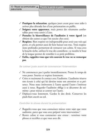 10 • Réus­­ sa commu­­ ca­­
sir
ni­­ tion
orale et écrite

Prendre la parole en public
Commu­­ quer effi­­ ce­­
ni­­
ca­­ ment à l’écrit

✓✓ Pra­­ quer la relaxa­­ , quelques jours avant peut vous aider à
ti­­
tion
arri­­ plus détendu lors d’une pré­­ ta­­
ver
sen­­ tion en public.
✓✓ Soi­­
gnez votre appa­­
rence, mais por­­ des vête­­
tez
ments confor­
­
tables pour vous sen­­ à l’aise.
tir
✓✓ Pos­­ lez la bien­­
tu­­
veillance de l’auditoire à votre égard (on
obtient des autres ce que l’on sus­­ chez eux).
cite
✓✓ Res­­
pirez. Bien res­­
pirer est indis­­ sable pour avoir une voix qui
pen­­
porte, et cela per­­ aussi de faire bais­­ son trac. Trois res­­ ra­
met
ser
pi­­ ­
tions pro­­
fondes per­­
mettent de retrou­­ son calme. Si vous avez
ver
la bouche sèche, uti­­ sez le truc des comé­­
li­­
diens : se mordre le bout
de la langue per­­ de remé­­ à ce petit pro­­
met
dier
blème.
✓✓ Enfin, rappelez-­ ous que très sou­­
v
vent le trac ne se remarque
pas.
Se cal­­
mer juste avant de commen­­
cer l’intervention

✓✓ Ne commen­­ pas à par­­ immé­­ te­­
cez
ler
dia­­ ment. Pre­­ le temps de
nez
vous poser. Sou­­ et res­­
riez
pirez len­­ ment.
te­­
✓✓ Créez et main­­ nez le contact avec l’auditoire. L’auditoire réserve
te­­
son écoute à celui qui lui des­­
tine toute son atten­­
tion et sa pré­
­
sence. Nous nous inté­­ sons à l’autre quand l’autre s’intéresse
res­­
aussi à nous. Regar­­ l’auditoire oblige à se décen­­ de soider
trer
m
­ ême ; pour mieux se cen­­ sur l’autre.
trer
✓✓ Déplacez-­ ous len­­ ment. Gar­­
v
te­­
dez le dos droit. Conser­­ les
vez
pieds bien ancrés au sol.
Contrô­­ le stress durant la pré­­ ta­­
ler
sen­­ tion

✓✓ Rappelez-­ ous que vous connais­­ mieux votre sujet que votre
v
sez
audi­­
toire, parce que vous avez pré­­
paré votre inter­­ tion !
ven­­
✓✓ Res­­ calme si vous commet­­ une erreur  : ter­­ nez votre
tez
tez
mi­­
phrase et rec­­ fiez ce que vous avez dit.
ti­­

324

 