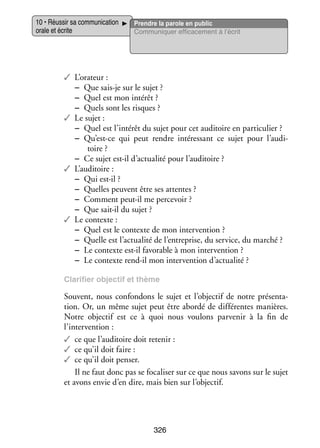 10 • Réus­­ sa commu­­ ca­­
sir
ni­­ tion
orale et écrite

Prendre la parole en public
Commu­­ quer effi­­ ce­­
ni­­
ca­­ ment à l’écrit

✓✓ L’orateur :
−− Que sais-­e sur le sujet ?
j
−− Quel est mon inté­­
rêt ?
−− Quels sont les risques ?
✓✓ Le sujet :
−− Quel est l’intérêt du sujet pour cet audi­­
toire en par­­ cu­­
ti­­ lier ?
−− Qu’est-ce qui peut rendre inté­­ sant ce sujet pour l’audi­
res­­
toire ?
−− Ce sujet est-­l d’actualité pour l’auditoire ?
i
✓✓ L’auditoire :
−− Qui est-­l ?
i
−− Quelles peuvent être ses attentes ?
−− Comment peut-­l me per­­ voir ?
i
ce­­
−− Que sait-­l du sujet ?
i
✓✓ Le contexte :
−− Quel est le contexte de mon inter­­ tion ?
ven­­
−− Quelle est l’actualité de l’entreprise, du ser­­
vice, du mar­­
ché ?
−− Le contexte est-­l favo­­
i
rable à mon inter­­ tion ?
ven­­
−− Le contexte rend-­l mon inter­­ tion d’actualité ?
i
ven­­
Cla­­ fier objec­­ et thème
ri­­
tif

Sou­­
vent, nous confon­­
dons le sujet et l’objectif de notre pré­­ ta­
sen­­ ­
tion. Or, un même sujet peut être abordé de dif­­ rentes manières.
fé­­
Notre objec­­ est ce à quoi nous vou­­
tif
lons par­­ nir à la fin de
ve­­
l’intervention :
✓✓ ce que l’auditoire doit rete­­
nir :
✓✓ ce qu’il doit faire :
✓✓ ce qu’il doit pen­­
ser.
Il ne faut donc pas se foca­­ ser sur ce que nous savons sur le sujet
li­­
et avons envie d’en dire, mais bien sur l’objectif.

326

 
