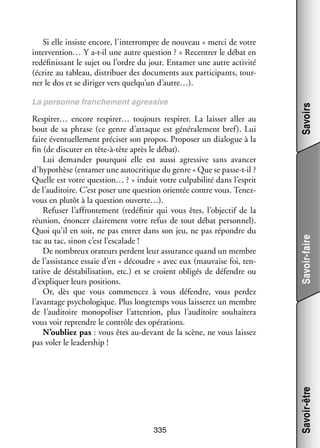 335

Savoir-faire

Respirer… encore respirer… tou­­
jours res­­
pirer. La lais­­ aller au
ser
bout de sa phrase (ce genre d’attaque est géné­­ le­­
ra­­ ment bref). Lui
faire éven­­ le­­
tuel­­ ment pré­­ ser son pro­­
ci­­
pos. Pro­­ ser un dia­­
po­­
logue à la
fin (de dis­­ ter en tête-­ -tête après le débat).
cu­­
à
Lui demander pour­­
quoi elle est aussi agres­­
sive sans avan­­
cer
d’hypothèse (enta­­ une auto­­ tique du genre « Que se passe-­-il ?
mer
cri­­
t
Quelle est votre question… ? » induit votre culpa­­ lité dans l’esprit
bi­­
de l’auditoire. C’est poser une ques­­
tion orien­­ contre vous. Teneztée
v
­ ous en plu­­ à la ques­­
tôt
tion ouverte…).
Refu­­ l’affrontement (redé­­ nir qui vous êtes, l’objectif de la
ser
fi­­
réunion, énon­­ clai­­ ment votre refus de tout débat per­­ nel).
cer
re­­
son­­
Quoi qu’il en soit, ne pas entrer dans son jeu, ne pas répondre du
tac au tac, sinon c’est l’escalade !
De nom­­
breux ora­­
teurs perdent leur assu­­
rance quand un membre
de l’assistance essaie d’en « découdre » avec eux (mau­­
vaise foi, ten­
­
ta­­ de désta­­ li­­ tion, etc.) et se croient obli­­ de défendre ou
tive
bi­­ sa­­
gés
d’expliquer leurs posi­­
tions.
Or, dès que vous commen­­ à vous défendre, vous per­­
cez
dez
l’avantage psy­­ lo­­
cho­­ gique. Plus long­­
temps vous lais­­ rez un membre
se­­
de l’auditoire mono­­ li­­ l’attention, plus l’auditoire sou­­ tera
po­­ ser
hai­­
vous voir reprendre le contrôle des opé­­ tions.
ra­­
N’oubliez pas : vous êtes au-­ evant de la scène, ne vous lais­­
d
sez
pas voler le lea­­ ship !
der­­

Savoir-être

La per­­
sonne fran­­ ment agres­­
che­­
sive

Savoirs

Si elle insiste encore, l’interrompre de nou­­
veau « merci de votre
intervention… Y a-­-il une autre ques­­
t
tion ? » Recen­­ le débat en
trer
redé­­ nis­­
fi­­ sant le sujet ou l’ordre du jour. Enta­­
mer une autre acti­­
vité
(écrire au tableau, dis­­ buer des docu­­
tri­­
ments aux par­­ cipants, tour­
ti­­
­
ner le dos et se diri­­ vers quelqu’un d’autre…).
ger

 