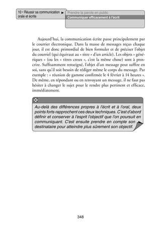 10 • Réus­­ sa commu­­ ca­­
sir
ni­­ tion
orale et écrite

Prendre la parole en public
Commu­­ quer effi­­ ce­­
ni­­
ca­­ ment à l’écrit

Aujourd’hui, la commu­­ ca­­
ni­­ tion écrite passe prin­­ pa­­ ment par
ci­­ le­­
le cour­­ élec­­ nique. Dans la masse de mes­­
rier
tro­­
sages reçus chaque
jour, il est donc pri­­ dial de bien for­­ ler et de pré­­ ser l’objet
mor­­
mu­­
ci­­
du courriel (qui équi­­
vaut au « titre » d’un article). Les objets « géné­
­
riques  » (ou les «  titres creux  », c’est la même chose) sont à pros­
­
crire. Suf­­ sam­­
fi­­ ment ren­­ gné, l’objet d’un mes­­
sei­­
sage peut suf­­ en
fire
soi, sans qu’il soit besoin de rédi­­ même le corps du mes­­
ger
sage. Par
exemple : « réunion de gamme confir­­
mée le 4 février à 14 heures ».
De même, en répon­­
dant ou en ren­­
voyant un mes­­
sage, il ne faut pas
hési­­ à chan­­ le sujet pour le rendre plus per­­
ter
ger
tinent et effi­­
cace,
immé­­ te­­
dia­­ ment.

Au-­ elà des dif­­ rences propres à l’écrit et à l’oral, deux
d
fé­­
points forts rap­­
prochent ces deux tech­­
niques. C’est d’abord
défi­­ et conser­­ à l’esprit l’objectif que l’on pour­­
nir
ver
suit en
commu­­ quant. C’est ensuite prendre en compte son
ni­­
des­­ na­­
ti­­ taire pour atteindre plus sûre­­
ment son objec­­
tif.

348

 