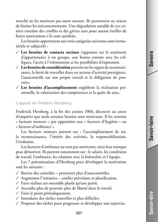 Savoirs

mar­­ ne les motivent pas outre mesure. Ils per­­
ché
mettent au mieux
de limi­­ les mécontente­­
ter
ments. Une dégra­­ tion notable de ces cri­
da­­
­
tères entraîne des conflits et des grèves sans pour autant éveiller de
fortes moti­­
vations s’ils sont satis­­
faits.
Les besoins appar­­ nant aux trois caté­­ ries sui­­
te­­
go­­
vantes sont imma­
­
té­­
riels et sub­­ tifs :
jec­­
✓✓ Les besoins de contacts sociaux s’appuient sur le sen­­ ment
ti­­
d’appartenance à un groupe, une bonne entente avec les col­
­
lègues, l’accès à l’information et les pos­­ bi­­ tés d’expression.
si­­ li­­
✓✓ Les besoins de consi­­ ra­­
dé­­ tion portent sur les signes de reconnais­
­
sance, la fierté de tra­­
vailler dans un sec­­
teur d’activité pres­­ gieux,
ti­­
l’autocontrôle sur son propre tra­­
vail et la délé­­ tion de pou­
ga­­
­
voirs.
✓✓ Les besoins d’accomplissement englobent la réa­­ sa­­
li­­ tion per­
­
son­­
nelle, la valo­­ sa­­
ri­­ tion des compé­­
tences et la quête de sens.

357

Savoir-être

Frederick Herzberg, à la fin des années 1960, découvre au cours
d’enquêtes que seuls cer­­
tains besoins sont moti­­
vants. Il les nomme
« fac­­
teurs moteurs » par oppo­­ tion aux « fac­­
si­­
teurs d’hygiène » ou
« fac­­
teurs d’ambiance ».
Les fac­­
teurs moteurs portent sur  : l’accomplissement de soi,
la reconnais­­
sance, l’intérêt des acti­­ tés, la responsabilisation,
vi­­
l’évolution.
Les fac­­
teurs d’ambiance ne sont pas moti­­
vants, mais leur manque
peut démo­­ ver. Ils portent notam­­
ti­­
ment sur : le salaire, les condi­­
tions
de tra­­
vail, l’ambiance, les rela­­
tions avec la hié­­ chie et l’équipe.
rar­­
Les 7 pré­­ ni­­ tions d’Herzberg pour déve­­ per la moti­­
co­­ sa­­
lop­­
vation
sont les sui­­
vants :
✓✓ Retirer des contrôles – per­­
mettre plus d’autocontrôles.
✓✓ Aug­­ ter l’initiative – confier pré­­ sions et pla­­ fi­­ tion.
men­­
vi­­
ni­­ ca­­
✓✓ Faire réa­­ ser un ensemble plu­­ qu’une par­­
li­­
tôt
tie.
✓✓ Accor­­ plus de pou­­
der
voir, plus de liberté dans le tra­­
vail.
✓✓ Faire le point pério­­ que­­
di­­ ment.
✓✓ Intro­­
duire des tâches nou­­
velles et plus dif­­ ciles.
fi­­
✓✓ Pro­­ ser des tâches pour pro­­ ser et déve­­ per son exper­­
po­­
gres­­
lop­­
tise.

Savoir-faire

L’apport de Frédéric Herzberg

 