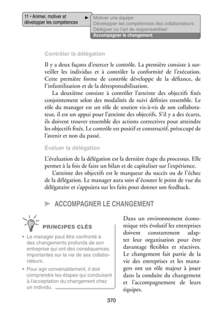 11 • Ani­­
mer, moti­­ et
ver
déve­­ per les compé­­
lop­­
tences

Moti­­ une équipe
ver
Déve­­ per les compé­­
lop­­
tences des collaborateurs
Délé­­
guer ou l’art de res­­ sa­­ li­­
pon­­ bi­­ ser
Accom­­ gner le chan­­ ment
pa­­
ge­­

Contrô­­ la délé­­ tion
ler
ga­­

Il y a deux façons d’exercer le contrôle. La pre­­
mière consiste à sur­
­
veiller les indi­­ dus et à contrô­­ la confor­­
vi­­
ler
mité de l’exécution.
Cette pre­­
mière forme de contrôle déve­­
loppe de la défiance, de
l’infantilisation et de la déresponsabilisation.
La deuxième consiste à contrô­­ l’atteinte des objec­­ fixés
ler
tifs
conjoin­­ ment selon des moda­­ tés de suivi défi­­
te­­
li­­
nies ensemble. Le
rôle du mana­­ est un rôle de sou­­
ger
tien vis-­ -vis de son col­­ bo­­ ­
à
la­­ ra­
teur, il est un appui pour l’atteinte des objec­­ S’il y a des écarts,
tifs.
ils doivent trou­­ ensemble des actions cor­­ tives pour atteindre
ver
rec­­
les objec­­ fixés. Le contrôle est posi­­ et construc­­ pré­­ cupé de
tifs
tif
tif, oc­­
l’avenir et non du passé.
Éva­­
luer la délé­­ tion
ga­­

L’évaluation de la délé­­ tion est la der­­
ga­­
nière étape du pro­­ sus. Elle
ces­­
per­­ à la fois de faire un bilan et de capi­­ li­­ sur l’expérience.
met
ta­­ ser
L’atteinte des objec­­ est le mar­­
tifs
queur du suc­­ ou de l’échec
cès
de la délé­­ tion. Le mana­­ aura soin d’écouter le point de vue du
ga­­
ger
délé­­ taire et s’appuiera sur les faits pour don­­ son feedback.
ga­­
ner

CC Accom­­pa­­gner le chan­­ge­­
ment
PRINCIPES CLÉS
•	 Le mana­­ peut être confronté à
ger
des chan­­ ments pro­­
ge­­
fonds de son
entre­­
prise qui ont des consé­­
quences
impor­­
tantes sur la vie de ses col­­ bo­
la­­ ­
ra­­
teurs.
•	 Pour agir conve­­ ble­­
na­­ ment, il doit
comprendre les étapes qui conduisent
à l’acceptation du chan­­ ment chez
ge­­
un indi­­
vidu.

370

Dans un envi­­ ne­­
ron­­ ment éco­­ ­
no­
mique très évo­­ tif les entre­­
lu­­
prises
doivent constam­­
ment adap­
­
ter leur orga­­ sa­­
ni­­ tion pour être
davan­­
tage flexibles et réac­­
tives.
Le chan­­ ment fait par­­ de la
ge­­
tie
vie des entre­­
prises et les mana­
­
gers ont un rôle majeur à jouer
dans la conduite du chan­­ ment
ge­­
et l’accompagnement de leurs
équipes.

 