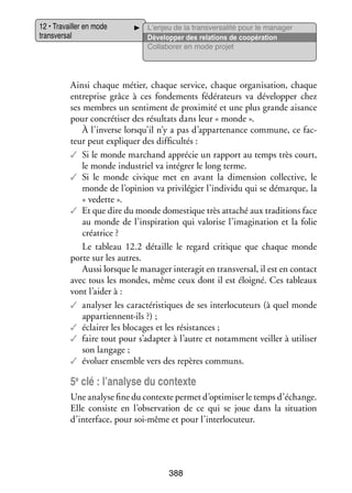 12 • Tra­­
vailler en mode
trans­­ sal
ver­­

L’enjeu de la transversalité pour le manager
Déve­­ per des rela­­
lop­­
tions de coopé­­ tion
ra­­
Col­­ bo­­ en mode pro­­
la­­ rer
jet

Ainsi chaque métier, chaque ser­­
vice, chaque orga­­ sa­­
ni­­ tion, chaque
entre­­
prise grâce à ces fon­­ ments fédé­­ teurs va déve­­ per chez
de­­
ra­­
lop­­
ses membres un sen­­ ment de proxi­­
ti­­
mité et une plus grande aisance
pour concré­­ ser des résul­­ dans leur « monde ».
ti­­
tats
À l’inverse lorsqu’il n’y a pas d’appartenance commune, ce fac­
­
teur peut expli­­
quer des dif­­ cultés :
fi­­
✓✓ Si le monde mar­­
chand appré­­ un rap­­
cie
port au temps très court,
le monde indus­­
triel va inté­­
grer le long terme.
✓✓ Si le monde civique met en avant la dimen­­
sion col­­ tive, le
lec­­
monde de l’opinion va pri­­ lé­­ l’individu qui se démarque, la
vi­­ gier
« vedette ».
✓✓ Et que dire du monde domes­­
tique très atta­­ aux tra­­ tions face
ché
di­­
au monde de l’inspiration qui valo­­ l’imagination et la folie
rise
créa­­
trice ?
Le tableau 12.2 détaille le regard cri­­
tique que chaque monde
porte sur les autres.
Aussi lorsque le mana­­ inter­ git en trans­­ sal, il est en contact
ger
a
ver­­
avec tous les mondes, même ceux dont il est éloi­­
gné. Ces tableaux
vont l’aider à :
✓✓ ana­­ ser les carac­­ ris­­
ly­­
té­­ tiques de ses inter­­ cuteurs (à quel monde
lo­­
appartiennent-­ls ?) ;
i
✓✓ éclai­­ les blo­­
rer
cages et les résis­­
tances ;
✓✓ faire tout pour s’adapter à l’autre et notam­­
ment veiller à uti­­ ser
li­­
son lan­­
gage ;
✓✓ évo­­
luer ensemble vers des repères communs.

5e clé : l’analyse du contexte
Une ana­­ fine du contexte per­­ d’optimiser le temps d’échange.
lyse
met
Elle consiste en l’observation de ce qui se joue dans la situa­­
tion
d’interface, pour soi-­ ême et pour l’interlocuteur.
m

388

 