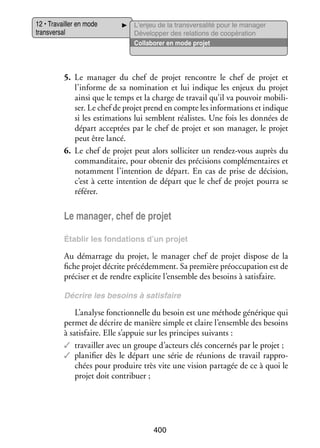 12 • Tra­­
vailler en mode
trans­­ sal
ver­­

L’enjeu de la transversalité pour le manager
Déve­­ per des rela­­
lop­­
tions de coopé­­ tion
ra­­
Col­­ bo­­ en mode pro­­
la­­ rer
jet

5.	 Le mana­­ du chef de pro­­ ren­­
ger
jet
contre le chef de pro­­ et
jet
l’informe de sa nomi­­ tion et lui indique les enjeux du pro­­
na­­
jet
ainsi que le temps et la charge de tra­­ qu’il va pou­­ mobi­­ ­
vail
voir
li­
ser. Le chef de pro­­ prend en compte les infor­­ tions et indique
jet
ma­­
si les esti­­
mations lui semblent réa­­
listes. Une fois les don­­
nées de
départ accep­­
tées par le chef de pro­­ et son mana­­ le pro­­
jet
ger,
jet
peut être lancé.
6.	 Le chef de pro­­ peut alors sol­­ ci­­ un rendez-­ ous auprès du
jet
li­­ ter
v
comman­­ taire, pour obte­­ des pré­­ sions complé­­ taires et
di­­
nir
ci­­
men­­
notam­­
ment l’intention de départ. En cas de prise de déci­­
sion,
c’est à cette inten­­
tion de départ que le chef de pro­­ pourra se
jet
réfé­­
rer.

Le mana­­ chef de pro­­
ger,
jet
Éta­­
blir les fon­­ tions d’un pro­­
da­­
jet

Au démar­­
rage du pro­­ le mana­­ chef de pro­­ dis­­
jet,
ger
jet pose de la
fiche pro­­ décrite pré­­ dem­­
jet
cé­­ ment. Sa pre­­
mière pré­­ cu­­ tion est de
oc­­ pa­­
pré­­ ser et de rendre expli­­ l’ensemble des besoins à satis­­
ci­­
cite
faire.
Décrire les besoins à satis­­
faire

L’analyse fonc­­ nelle du besoin est une méthode géné­­
tion­­
rique qui
per­­ de décrire de manière simple et claire l’ensemble des besoins
met
à satis­­
faire. Elle s’appuie sur les prin­­
cipes sui­­
vants :
✓✓ tra­­
vailler avec un groupe d’acteurs clés concer­­ par le pro­­
nés
jet ;
✓✓ pla­­ fier dès le départ une série de réunions de tra­­
ni­­
vail rap­­ ­
pro­
chées pour pro­­
duire très vite une vision par­­ gée de ce à quoi le
ta­­
pro­­ doit contri­­
jet
buer ;

400

 