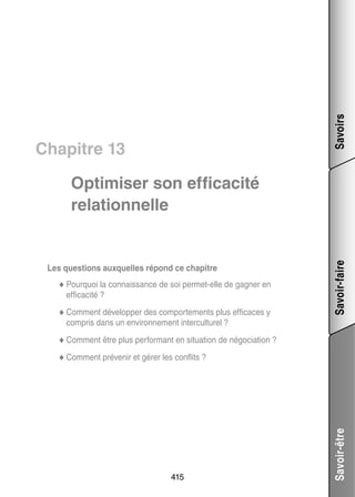 Savoirs

Chapitre 13

Les ques­­
tions aux­­
quelles répond ce cha­­
pitre
quoi la connais­­
sance de soi permet-­ lle de gagner en
e
◆◆ Pour­­
effi­­ cité ?
ca­­
lop­­
te­­
caces y
◆◆ Comment déve­­ per des compor­­ ments plus effi­­

Savoir-faire

Opti­­ ser son effi­­ cité
mi­­
ca­­
rela­­
tion­­
nelle

compris dans un envi­­ ne­­
ron­­ ment inter­ ulturel ?
c
for­­
tion de négo­­ tion ?
cia­­
◆◆ Comment être plus per­­ mant en situa­­

415

Savoir-être

◆◆ Comment pré­­ nir et gérer les conflits ?
ve­­

 