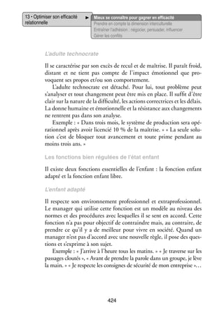 13 • Opti­­ ser son effi­­ cité
mi­­
ca­­
rela­­ nelle
tion­­

Mieux se connaître pour gagner en effi­­ cité
ca­­
Prendre en compte la dimen­­ inter­ ultu­­
sion
c relle
Entraî­­ l’adhésion : négo­­ per­­ der, influ­­ cer
ner
cier, sua­­
en­­
Gérer les conflits

L’adulte tech­­ crate
no­­

Il se carac­­ rise par son excès de recul et de maî­­
té­­
trise. Il paraît froid,
dis­­
tant et ne tient pas compte de l’impact émo­­ nel que pro­
tion­­
­
voquent ses pro­­ et/ou son compor­­ ment.
pos
te­­
L’adulte tech­­ crate est déta­­
no­­
ché. Pour lui, tout pro­­
blème peut
s’analyser et tout chan­­ ment peut être mis en place. Il suf­­ d’être
ge­­
fit
clair sur la nature de la dif­­ culté, les actions cor­­ trices et les délais.
fi­­
rec­­
La donne humaine et émo­­ nelle et la résis­­
tion­­
tance aux chan­­ ments
ge­­
ne rentrent pas dans son ana­­
lyse.
Exemple : « Dans trois mois, le sys­­
tème de pro­­ tion sera opé­
duc­­
­
ra­­ nel après avoir licen­­ 10 % de la maî­­
tion­­
cié
trise. » « La seule solu­
­
tion c’est de blo­­
quer tout avan­­ ment et toute prime pen­­
ce­­
dant au
moins trois ans. »
Les fonc­­
tions bien régulées de l’état enfant

Il existe deux fonc­­
tions essen­­
tielles de l’enfant : la fonc­­
tion enfant
adapté et la fonc­­
tion enfant libre.
L’enfant adapté

Il res­­
pecte son envi­­ ne­­
ron­­ ment pro­­ sion­­ et extra­ rofes­­ nel.
fes­­ nel
p
sion­­
Le mana­­ qui uti­­ cette fonc­­
ger
lise
tion est un modèle au niveau des
normes et des pro­­ dures avec les­­
cé­­
quelles il se sent en accord. Cette
fonc­­
tion n’a pas pour objec­­ de contraindre mais, au contraire, de
tif
prendre ce qu’il y a de meilleur pour vivre en société. Quand un
mana­­ n’est pas d’accord avec une nou­­
ger
velle règle, il pose des ques­
­
tions et s’exprime à son sujet.
Exemple : « J’arrive à l’heure tous les matins. » « Je tra­­
verse sur les
pas­­
sages clou­­
tés », « Avant de prendre la parole dans un groupe, je lève
la main. » « Je res­­
pecte les consignes de sécu­­ de mon entre­­
rité
prise »…

424

 