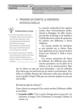 13 • Opti­­ ser son effi­­ cité
mi­­
ca­­
rela­­ nelle
tion­­

Mieux se connaître pour gagner en effi­­ cité
ca­­
Prendre en compte la dimen­­
sion inter­ ultu­­
c relle
Entraî­­ l’adhésion : négo­­ per­­ der, influ­­ cer
ner
cier, sua­­
en­­
Gérer les conflits

CC Prendre en compte la dimen­­sion
inter­cultu­­relle
Le carac­­
tère multi­ ulturel des rap­­
c
ports
sociaux dans l’environnement pro­­ ­
fes­
PRINCIPES CLÉS
sion­­ se déve­­
nel
loppe. En effet, l’exten­
•	 La commu­­ ca­­
ni­­ tion dans un
sion des flux d’échange et de mobi­­ à
lité
contexte inter­ ulturel réserve
c
l’échelle pla­­ taire amène des per­­
né­­
sonnes
son lot de sur­­
prises. Nos
de cultures très dif­­ rentes à devoir
fé­­
compor­­ ments habi­­
te­­
tuels
col­­ bo­­
la­­ rer.
peuvent pro­­ quer
vo­­
des réac­­
tions inat­­ dues
ten­­
Un cer­­
tain nombre de cher­ heurs
c
de la part d’interlocuteurs
se sont pen­­
chés sur ce thème. Nous
issus d’autres cultures.
nous appuie­­
rons sur les tra­­
vaux de deux
•	 Un esprit ouvert et un inté­­
rêt
d’entre eux. Edward T. Hall et Geert
à la culture de l’autre sont des
Hofstede.
atouts indis­­ sables pour
pen­­
Ces tra­­
vaux per­­
mettent de clas­­
ser
réus­­ dans un contexte inter­
sir
les habi­­
tants des dif­­ rents pays selon
fé­­
culturel.
cer­­
tains para­­
mètres sur les plans de la
culture et de la commu­­ ca­­
ni­­ tion. Bien
sûr, les choses ne sont pas aussi méca­­
niques  : tous les indi­­ dus
vi­­
d’un même pays ne pré­­
sentent pas les mêmes carac­­ ris­­
té­­ tiques. Tou­
­
te­­ ces modèles donnent des indi­­ tions utiles pour prendre du
fois
ca­­
recul et gar­­ à l’esprit l’idée que nos réac­­
der
tions propres ne sont pas
uni­­ selles.
ver­­

Qu’est-ce que la culture ?
Toute culture est compo­­ d’un cer­­
sée
tain nombre d’éléments visibles
ou invi­­
sibles :
✓✓ La par­­ visible : C’est ce qu’un étran­­ peut en per­­ voir : les
tie
ger
ce­­
cou­­
tumes, la langue, l’art, la lit­­ ra­­
té­­ ture, la musique, l’habitat, la
cui­­
sine, etc.

432

 