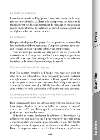 La confiance au sein de l’équipe est la condi­­
tion du suc­­ de toute
cès
rela­­
tion inter­ ultu­­
c
relle. La clarté et la trans­­ rence des rela­­
pa­­
tions de
tra­­ doivent être le souci per­­
vail
manent du mana­­ en charge d’une
ger
équipe multi­ ultu­­
c
relle. Les rela­­
tions de tra­­ doivent repo­­ sur
vail
ser
des règles affi­­
chées et connues de tous.
La moti­­
vation

Il importe de dis­­ ser d’un pro­­ clair qui per­­ tra de ras­­ bler
po­­
jet
met­­
sem­­
l’ensemble des col­­ bo­­ teurs autour d’un pro­­ commun et ou cha­
la­­ ra­­
jet
­
cun trou­­
vera sa place et pourra valo­­ ser ses compé­­
ri­­
tences.
Une atten­­
tion par­­ cu­­
ti­­ lière doit être por­­ sur les sys­­
tée
tèmes de
moti­­
vation et de récom­­
pense. En effet il y a un risque d’opposition
cultu­­
relle selon que l’on pri­­ lé­­ le déve­­ pe­­
vi­­ gie
lop­­ ment des rela­­
tions
humaines ou la valo­­ sa­­
ri­­ tion éco­­ mique du tra­­
no­­
vail.

Savoirs

La quête de confiance

Pour faire adhé­­ l’ensemble de l’équipe, le mana­­ doit avoir des
rer
ger
idées claires sur l’objectif final et les moyens d’y par­­ nir et adap­­
ve­­
ter
ses expli­­ tions en fonc­­
ca­­
tion des cultures. Il n’aura pas de dif­­ cultés
fi­­
majeures pour les cultures où la struc­­
ture hié­­ chique est pyra­­ ­
rar­­
mi­
dale mais l’adhésion sera plus dif­­ cile dans des cultures comme la
fi­­
culture fran­­
çaise ou la contes­­ tion de l’autorité est chose cou­­
ta­­
rante.

Savoir-faire

L’adhésion à l’objectif de l’équipe

Il est indis­­ sable, mais pas suf­­ sant de pré­­ une mise à niveau
pen­­
fi­­
voir
lin­­ tique. Au-­ elà de ça, il va fal­­
guis­­
d
loir déve­­ per la capa­­
lop­­
cité
d’ouverture et d’écoute. Il faut que le col­­ bo­­ teur s’intéresse aux
la­­ ra­­
pra­­
tiques et cou­­
tumes des autres.
Il fau­­ en outre, déve­­ per la tolé­­
dra
lop­­
rance à l’incertitude. Le
col­­ bo­­ teur doit admettre qu’il peut ren­­
la­­ ra­­
contrer une part éle­­
vée
d’incertitude dans ses rela­­
tions pro­­ sion­­
fes­­ nelles. Il doit être flexible
en s’adaptant aux chan­­ ments et en s’ouvrant aux idées nou­­
ge­­
velles.
Pour cela, on pourra avoir recours à la for­­ tion et aux expé­­
ma­­
riences
441

Savoir-être

Le déve­­ pe­­
lop­­ ment des « compé­­
tences inter­ ultu­­
c
relles »
de chaque membre de l’équipe

 
