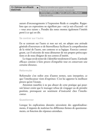 13 • Opti­­ ser son effi­­ cité
mi­­
ca­­
rela­­ nelle
tion­­

Mieux se connaître pour gagner en effi­­ cité
ca­­
Prendre en compte la dimen­­ inter­ ultu­­
sion
c relle
Entraî­­ l’adhésion : négo­­
ner
cier, per­­ der, influ­­ cer
sua­­
en­­
Gérer les conflits

autant d’encouragements à l’expression fluide et complète. Rap­­ ­
pe­
lons que ces expres­­
sions ne signi­­
fient pas « oui je suis d’accord » ni
« vous avez rai­­
son ». Prendre des notes montre éga­­ ment l’intérêt
le­­
porté à ce qui est dit.
Se cen­­
trer sur l’autre

En se cen­­
trant sur l’autre et non sur soi, on adopte une atti­­
tude
géné­­ d’ouverture et de bien­­
rale
veillance faci­­ tant la compré­­ sion
li­­
hen­­
de la vérité de l’autre, son contexte et sa logique. Exer­­
cice contrai­
­
gnant, car il néces­­ de nous détour­­ de nos propres pré­­ cu­­ ­
site
ner
oc­­ pa­
tions et de nous éloi­­
gner de nos centres d’intérêt.
Le risque est de tenter de s’identifier tota­­ ment à l’autre. L’attitude
le­­
effi­­
cace consiste à faire preuve d’empathie tout en conser­­
vant une
cer­­
taine dis­­
tance.
Refor­­ ler
mu­­

Refor­­ ler c’est redire avec d’autres termes, sans inter­­
mu­­
préter, ce
que l’interlocuteur vient d’exprimer. C’est lui appor­­ la meilleure
ter
preuve qu’on l’écoute.
Atten­­
tion tou­­ fois à ne pas abu­­ de cette pra­­
te­­
ser
tique qui pour­
­
rait lais­­ croire que le mana­­ refuse de s’engager ou de prendre
ser
ger
posi­­
tion, pro­­ quant un sen­­ ment d’insécurité chez l’interlo­
vo­­
ti­­
cuteur.
Ques­­
tion­­
ner

Lorsque les expli­­ tions don­­
ca­­
nées néces­­
sitent des appro­­ dis­­ ­
fon­­ se­
ments, il importe de maî­­ ser les dif­­ rentes formes de ques­­ ne­
tri­­
fé­­
tion­­ ­
ments, en fonc­­
tion des réponses atten­­
dues.

444

 
