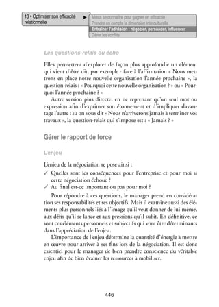 13 • Opti­­ ser son effi­­ cité
mi­­
ca­­
rela­­ nelle
tion­­

Mieux se connaître pour gagner en effi­­ cité
ca­­
Prendre en compte la dimen­­ inter­ ultu­­
sion
c relle
Entraî­­ l’adhésion : négo­­
ner
cier, per­­ der, influ­­ cer
sua­­
en­­
Gérer les conflits

Les questions-­ elais ou écho
r

Elles per­­
mettent d’explorer de façon plus appro­­ die un élé­­
fon­­
ment
qui vient d’être dit, par exemple : face à l’affirmation « Nous met­
­
trons en place notre nou­­
velle orga­­ sa­­
ni­­ tion l’année pro­­
chaine  », la
question-­ elais : « Pour­­
r
quoi cette nou­­
velle orga­­ sa­­
ni­­ tion ? » ou « Pour­
­
quoi l’année pro­­
chaine ? »
Autre ver­­
sion plus directe, en ne repre­­
nant qu’un seul mot ou
expres­­
sion afin d’exprimer son éton­­ ment et d’impliquer davan­
ne­­
­
tage l’autre : su on vous dit « Nous n’arriverons jamais à ter­­ ner vos
mi­­
tra­­
vaux », la question-­ elais qui s’impose est : « Jamais ? »
r

Gérer le rap­­
port de force
L’enjeu

L’enjeu de la négo­­ tion se pose ainsi :
cia­­
✓✓ Quelles sont les consé­­
quences pour l’entreprise et pour moi si
cette négo­­ tion échoue ?
cia­­
✓✓ Au final est-­ e impor­­
c
tant ou pas pour moi ?
Pour répondre à ces ques­­
tions, le mana­­ prend en consi­­ ra­
ger
dé­­ ­
tion ses res­­ sa­­ li­­ et ses objec­­ Mais il exa­­
pon­­ bi­­ tés
tifs.
mine aussi des élé­
­
ments plus per­­ nels liés à l’image qu’il veut don­­ de lui-­ ême,
son­­
ner
m
aux défis qu’il se lance et aux pres­­
sions qu’il subit. En défi­­ tive, ce
ni­­
sont ces élé­­
ments per­­ nels et sub­­ tifs qui vont être déter­­ nants
son­­
jec­­
mi­­
dans l’appréciation de l’enjeu.
L’importance de l’enjeu déter­­
mine la quan­­ d’énergie à mettre
tité
en œuvre pour arri­­ à ses fins lors de la négo­­ tion. Il est donc
ver
cia­­
essen­­ pour le mana­­ de bien prendre conscience du véri­­
tiel
ger
table
enjeu afin de bien éva­­ les res­­
luer
sources à mobi­­ ser.
li­­

446

 