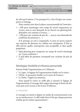13 • Opti­­ ser son effi­­ cité
mi­­
ca­­
rela­­ nelle
tion­­

Mieux se connaître pour gagner en effi­­ cité
ca­­
Prendre en compte la dimen­­ inter­ ultu­­
sion
c relle
Entraî­­ l’adhésion : négo­­
ner
cier, per­­ der, influ­­ cer
sua­­
en­­
Gérer les conflits

de celui qui la donne. C’est pour­­
quoi il y a lieu d’exiger une contre­
­
par­­ en échange.
tie
Nous entrons ainsi dans la phase tran­­ tion­­
sac­­ nelle de l’entretien :
✓✓ « OK pour réamé­­ ger votre temps de tra­­ uni­­ ment sur
na­­
vail
que­­
3 jours, mais je vous demande de me four­­ un plan­­
nir
ning heb­
­
do­­ daire une semaine à l’avance… »
ma­­
✓✓ « OK pour une varia­­
tion de prix de…, mais je vous demande des
condi­­
tions de paie­­
ment à… »
Si le prin­­
cipe est aisé à comprendre, la mise en œuvre requiert
une exper­­ du domaine ou à défaut une anti­­ pation. Il faut en
tise
ci­­
effet pré­­
voir quelles contre­­ ties sont accep­­
par­­
tables et dans quelle
pro­­ tion :
por­­
✓✓ Quel plan­­
ning peut compen­­ un temps de tra­­ réamé­­
ser
vail
nagé
sur 3 jours seule­­
ment ?
✓✓ À quel délai de paie­­
ment cor­­ pond une varia­­
res­­
tion de prix de
1 % ?

Déve­­ per flexi­­ lité et influ­­
lop­­
bi­­
ence per­­ nelle
son­­
Aristote fonde l’argumentation sur 3 élé­­
ments :
✓✓ Le Logos : la logique de l’argumentation fon­­ sur la rai­­
dée
son ;
✓✓ L’Ethos : la per­­ sion fon­­ sur le sta­­ de l’orateur ;
sua­­
dée
tut
✓✓ Le Pathos : l’appel aux émo­­
tions.
Ainsi quand la rai­­
son ne suf­­ plus à sou­­ nir la logique de
fit
te­­
l’argumentation, le mana­­ doit soi­­
ger
gner davan­­
tage la forme du dis­
­
cours puis avoir recours à des leviers d’influence.
La flexi­­ lité
bi­­

Le mana­­ est amené à adap­­ ses modes de commu­­ ca­­
ger
ter
ni­­ tion à son
ou ses inter­­ cuteurs. Le défi réside dans le fait que chaque per­­
lo­­
sonne
n’utilise pas les mêmes spon­­ né­­
ta­­ ment !
454

 