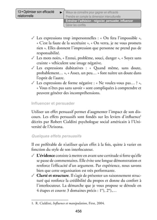 13 • Opti­­ ser son effi­­ cité
mi­­
ca­­
rela­­ nelle
tion­­

Mieux se connaître pour gagner en effi­­ cité
ca­­
Prendre en compte la dimen­­ inter­ ultu­­
sion
c relle
Entraî­­ l’adhésion : négo­­
ner
cier, per­­ der, influ­­ cer
sua­­
en­­
Gérer les conflits

✓✓ Les expres­­
sions trop imper­­ nelles  : «  On fera l’impossible  »,
son­­
« C’est la faute de la secré­­
taire », « On verra, je ne vous pro­­
mets
rien ». Elles donnent l’impression que per­­
sonne ne prend pas de
res­­ sa­­ lité.
pon­­ bi­­
✓✓ Les mots noirs, « Ennui, pro­­
blème, souci, dan­­
ger », « Soyez sans
crainte » véhi­­
culent une image néga­­
tive.
✓✓ Les expres­­
sions dubi­­ tives  : «  Quand même, sans doute,
ta­­
probablement… », « Assez, un peu… » font naître un doute dans
l’esprit de l’autre.
✓✓ Les expres­­
sions de forme néga­­
tive : « Ne voulez-­ ous pas… ? »,
v
« Vous n’êtes pas sans savoir » sont compli­­
quées à comprendre et
peuvent géné­­ des incom­­ hen­­
rer
pré­­ sions.
Influ­­ cer et per­­ der
en­­
sua­­

Uti­­ ser un effet per­­ sif per­­
li­­
sua­­
met d’augmenter l’impact de son dis­
­
cours. Les effets per­­ sifs sont fon­­ sur les leviers d’influence1
sua­­
dés
décrits par Robert Cialdini psy­­ logue social amé­­ cain à l’Uni­
cho­­
ri­­
versité de l’Arizona.
Quelques effets per­­ sifs
sua­­

Il est pré­­ rable de n’utiliser qu’un effet à la fois, quitte à varier en
fé­­
fonc­­
tion du style de son inter­­ cuteur.
lo­­
✓✓ L’évidence consiste à mettre en avant une cer­­ tude si forte qu’elle
ti­­
se passe de commen­­
taires. Elle évite une longue démons­­ tion et
tra­­
ren­­
force l’efficacité d’un argu­­
ment. Par expé­­
rience, nous savons
bien que cette orga­­ sa­­
ni­­ tion est très per­­ mante.
for­­
✓✓ Clarté et struc­­ . Il s’agit de pré­­ ter un rai­­ ne­­
ture
sen­­
son­­ ment struc­
­
turé qui ren­­
force la cré­­ bi­­ du pro­­ et donne du confort à
di­­ lité
pos
l’interlocuteur. La démarche que je vous pro­­
pose se déroule en
4 étapes et couvre 3 domaines pré­­ 1°), 2°),…
cis :
1.	 R. Cialdini, Influ­­
ence et mani­­ la­­
pu­­ tion, First, 2004.

456

 
