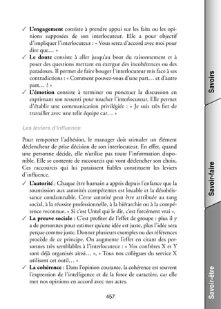 Savoirs

✓✓ L’engagement consiste à prendre appui sur les faits ou les opi­
­
nions sup­­ sées de son inter­­ cuteur. Elle a pour objec­­
po­­
lo­­
tif
d’impliquer l’interlocuteur : « Vous serez d’accord avec moi pour
dire que… »
✓✓ Le doute consiste à aller jusqu’au bout du rai­­ ne­­
son­­ ment et à
poser des ques­­
tions met­­
tant en exergue des inco­­ rences ou des
hé­­
para­­
doxes. Il per­­ de faire bou­­ l’interlocuteur mis face à ses
met
ger
contra­­ tions : « Comment pouvez-­ ous d’une part… et d’autre
dic­­
v
part… ? »
✓✓ L’émotion consiste à ter­­ ner ou ponc­­
mi­­
tuer la dis­­ sion en
cus­­
expri­­
mant son res­­
senti pour tou­­
cher l’interlocuteur. Elle per­­
met
d’établir une commu­­ ca­­
ni­­ tion pri­­ lé­­
vi­­ giée  : «  Je suis très fier de
tra­­
vailler avec une telle équipe car… »

457

Savoir-être

Pour rem­­ ter l’adhésion, le mana­­ doit sti­­ ler un élé­­
por­­
ger
mu­­
ment
déclen­­
cheur de prise déci­­
sion de son inter­­ cuteur. En effet, quand
lo­­
une per­­
sonne décide, elle n’utilise pas toute l’information dis­­ ­
po­
nible. Elle se contente de rac­­ cis qui vont déclen­­
cour­­
cher son choix.
Ces  rac­­ cis  qui lui paraissent fiables consti­­
cour­­
tuent  les leviers
d’influence.
✓✓ L’autorité : Chaque être humain a appris depuis l’enfance que la
sou­­ sion aux auto­­ tés compé­­
mis­­
ri­­
tentes est louable et la déso­­ ­
béis­
sance condam­­
nable. Cette auto­­ peut être attri­­
rité
buée au rang
social, à la réus­­ pro­­ sion­­
site
fes­­ nelle, à la hié­­ chie ou à la compé­
rar­­
­
tence reconnue. « Si c’est Untel qui le dit, c’est for­­ ment vrai ».
cé­­
✓✓ La preuve sociale : C’est pro­­ ter de l’effet de groupe : plus il y
fi­­
a de per­­
sonnes pour esti­­ qu’une idée est juste, plus l’idée sera
mer
per­­ comme juste. Don­­ plu­­
çue
ner sieurs exemples ou des réfé­­
rences
pro­­
cède de ce prin­­
cipe. On aug­­
mente l’effet en citant des per­
­
sonnes très sem­­
blables à l’interlocuteur : « Vos confrères X et Y
sont déjà orga­­ sés ainsi… », « Tous nos col­­
ni­­
lègues du ser­­
vice X
uti­­
lisent cet outil… »
✓✓ La cohé­­
rence : Dans l’opinion cou­­
rante, la cohé­­
rence est sou­­
vent
l’expression de l’intelligence et de la force de carac­­
tère, car elle
met nos opi­­
nions en accord avec nos actes.

Savoir-faire

Les leviers d’influence

 