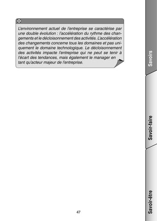 47

Savoirs
Savoir-être

Savoir-faire

L’environnement actuel de l’entreprise se carac­­ rise par
té­­
une double évo­­ tion : l’accélération du rythme des chan­
lu­­
­
ge­­
ments et le décloisonnement des acti­­ tés. L’accélération
vi­­
des chan­­ ments concerne tous les domaines et pas uni­
ge­­
­
que­­
ment le domaine tech­­ lo­­
no­­ gique. Le décloisonnement
des acti­­ tés impacte l’entreprise qui ne peut se tenir à
vi­­
l’écart des ten­­
dances, mais éga­­ ment le mana­­ en
le­­
ger
tant qu’acteur majeur de l’entreprise.

 