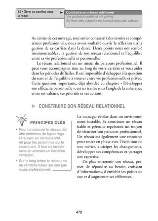 14 • Gérer sa car­­
rière dans
la durée

Construire son réseau rela­­ nel
tion­­
Vie professionnelle et vie privée
Se fixer des objec­­ en accord avec ses valeurs
tifs

Au terme de cet ouvrage, tout entier consa­­ à des savoirs et compé­
cré
­
tences pro­­ sion­­
fes­­ nels, nous avons sou­­
haité ouvrir la réflexion sur la
ges­­
tion de sa car­­
rière dans la durée. Deux points nous ont sem­­
blé
incontour­­
nables : la ges­­
tion de son réseau rela­­ nel et l’équilibre
tion­­
entre sa vie pro­­ sion­­
fes­­ nelle et per­­ nelle.
son­­
Le réseau rela­­ nel est un tuteur du par­­
tion­­
cours pro­­ sion­­ Il
fes­­ nel.
peut vous accom­­ gner tout au long de votre car­­
pa­­
rière et vous aider
dans les périodes dif­­ ciles. Il est impos­­
fi­­
sible d’échapper à la ques­­
tion
du sens et de l’équilibre à trou­­ entre vie pro­­ sion­­
ver
fes­­ nelle et pri­­
vée.
Cette ques­­
tion impor­­
tante, déjà abor­­ au cha­­
dée
pitre « Déve­­ per
lop­­
son effi­­ cité per­­ nelle », est ici trai­­ sous l’angle de la cohé­­
ca­­
son­­
tée
rence
entre ses valeurs, ses prio­­ tés et ses actions.
ri­­

CC Construire son réseau rela­­tion­­
nel
PRINCIPES CLÉS
•	 Pour fonc­­ ner le réseau doit
tion­­
être entre­­
tenu de façon régu­
­
lière avec un véri­­
table inté­
­
rêt pour les per­­
sonnes qui le
consti­­
tuent. Il faut s’y inves­­
tir
sans en attendre un béné­­
fice
immé­­
diat.
•	 Sur le long terme le réseau est
un véri­­
table tuteur sur son par­
­
cours pro­­ sion­­
fes­­
nel.

Le mana­­ évo­­ dans un envi­­ ne­
ger
lue
ron­­ ­
ment instable. Se consti­­
tuer un réseau
fiable et pérenne repré­­
sente un moyen
de sécu­­ ser son par­­
ri­­
cours pro­­ sion­­
fes­­ nel.
Un réseau est éga­­ ment une res­­
le­­
source
pour res­­ en phase avec l’évolution de
ter
son métier, anti­­ per les chan­­ ments,
ci­­
ge­­
déve­­ per ses compé­­
lop­­
tences et par­­ ger
ta­­
son exper­­
tise.
De plus entre­­ nir son réseau, per­
te­­
­
met de répondre au besoin crois­­
sant
d’informations, d’enrichir ses points de
vue et d’augmenter ses réfé­­
rences.

472

 