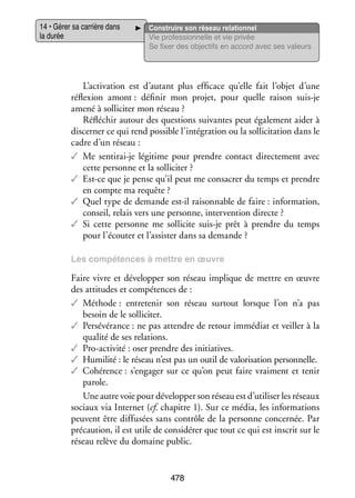 14 • Gérer sa car­­
rière dans
la durée

Construire son réseau rela­­ nel
tion­­
Vie professionnelle et vie privée
Se fixer des objec­­ en accord avec ses valeurs
tifs

L’activation est d’autant plus effi­­
cace qu’elle fait l’objet d’une
réflexion amont : défi­­ mon pro­­ pour quelle rai­­
nir
jet,
son suis-­e
j
amené à sol­­ ci­­ mon réseau ?
li­­ ter
Réflé­­
chir autour des ques­­
tions sui­­
vantes peut éga­­ ment aider à
le­­
dis­­ ner ce qui rend pos­­
cer­­
sible l’intégration ou la sol­­ ci­­ tion dans le
li­­ ta­­
cadre d’un réseau :
✓✓ Me sentirai-­e légi­­
j
time pour prendre contact direc­­ ment avec
te­­
cette per­­
sonne et la sol­­ ci­­
li­­ ter ?
✓✓ Est-­ e que je pense qu’il peut me consa­­ du temps et prendre
c
crer
en compte ma requête ?
✓✓ Quel type de demande est-­l rai­­ nable de faire : infor­­ tion,
i
son­­
ma­­
conseil, relais vers une per­­
sonne, inter­­ tion directe ?
ven­­
✓✓ Si cette per­­
sonne me sol­­ cite suis-­e prêt à prendre du temps
li­­
j
pour l’écouter et l’assister dans sa demande ?
Les compé­­
tences à mettre en œuvre

Faire vivre et déve­­ per son réseau implique de mettre en œuvre
lop­­
des atti­­
tudes et compé­­
tences de :
✓✓ Méthode : entre­­ nir son réseau sur­­
te­­
tout lorsque l’on n’a pas
besoin de le sol­­ ci­­
li­­ ter.
✓✓ Per­­ vé­­
sé­­ rance : ne pas attendre de retour immé­­
diat et veiller à la
qua­­ de ses rela­­
lité
tions.
✓✓ Pro-­ ctivité : oser prendre des ini­­
a
tiatives.
✓✓ Humi­­
lité : le réseau n’est pas un outil de valo­­ sa­­
ri­­ tion per­­ nelle.
son­­
✓✓ Cohé­­
rence : s’engager sur ce qu’on peut faire vrai­­
ment et tenir
parole.
Une autre voie pour déve­­ per son réseau est d’utiliser les réseaux
lop­­
sociaux via Inter­­ (cf. cha­­
net
pitre 1). Sur ce média, les infor­­ tions
ma­­
peuvent être dif­­ sées sans contrôle de la per­­
fu­­
sonne concer­­
née. Par
pré­­ tion, il est utile de consi­­ rer que tout ce qui est ins­­ sur le
cau­­
dé­­
crit
réseau relève du domaine public.

478

 