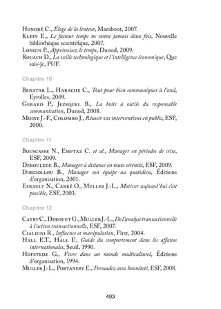 Honoré C., Éloge de la lenteur, Marabout, 2007.
Klein E., Le facteur temps ne sonne jamais deux fois, Nouvelle
bibliothèque scientifique, 2007.
Longin P., Apprivoisez le temps, Dunod, 2009.
Rouach D., La veille technologique et l’intelligence économique, Que
sais-je, PUF.
Chapitre 10

Benatar L., Harache C., Tout pour bien communiquer à l’oral,
Eyrolles, 2009.
Gerard P., Jezequel B., La boîte à outils du responsable
communication, Dunod, 2008.
Moine J.-F., Colombo J., Réussir vos interventions en public, ESF,
2000.
Chapitre 11

Bouscasse N., Emptaz C. et al., Manager en périodes de crise,
ESF, 2009.
Deroulede B., Manager à distance en toute sérénité, ESF, 2009.
Diridollou B., Manager son équipe au quotidien, Éditions
d’organisation, 2001.
Esnault N., Carré O., Muller J.-L., Motiver aujourd’hui c’est
possible, ESF, 2003.
Chapitre 12

Catry C., Derouet G., Muller J.-L., De l’analyse transactionnelle
à l’action transactionnelle, ESF, 2007.
Cialdini R., Influence et manipulation, First, 2004.
Hall E.T., Hall F., Guide du comportement dans les affaires
internationales, Seuil, 1990.
Hofstede G., Vivre dans un monde multiculturel, Éditions
d’organisation, 1994.
Muller J.-L., Portanery E., Persuadez avec honnêteté, ESF, 2008.

493

 
